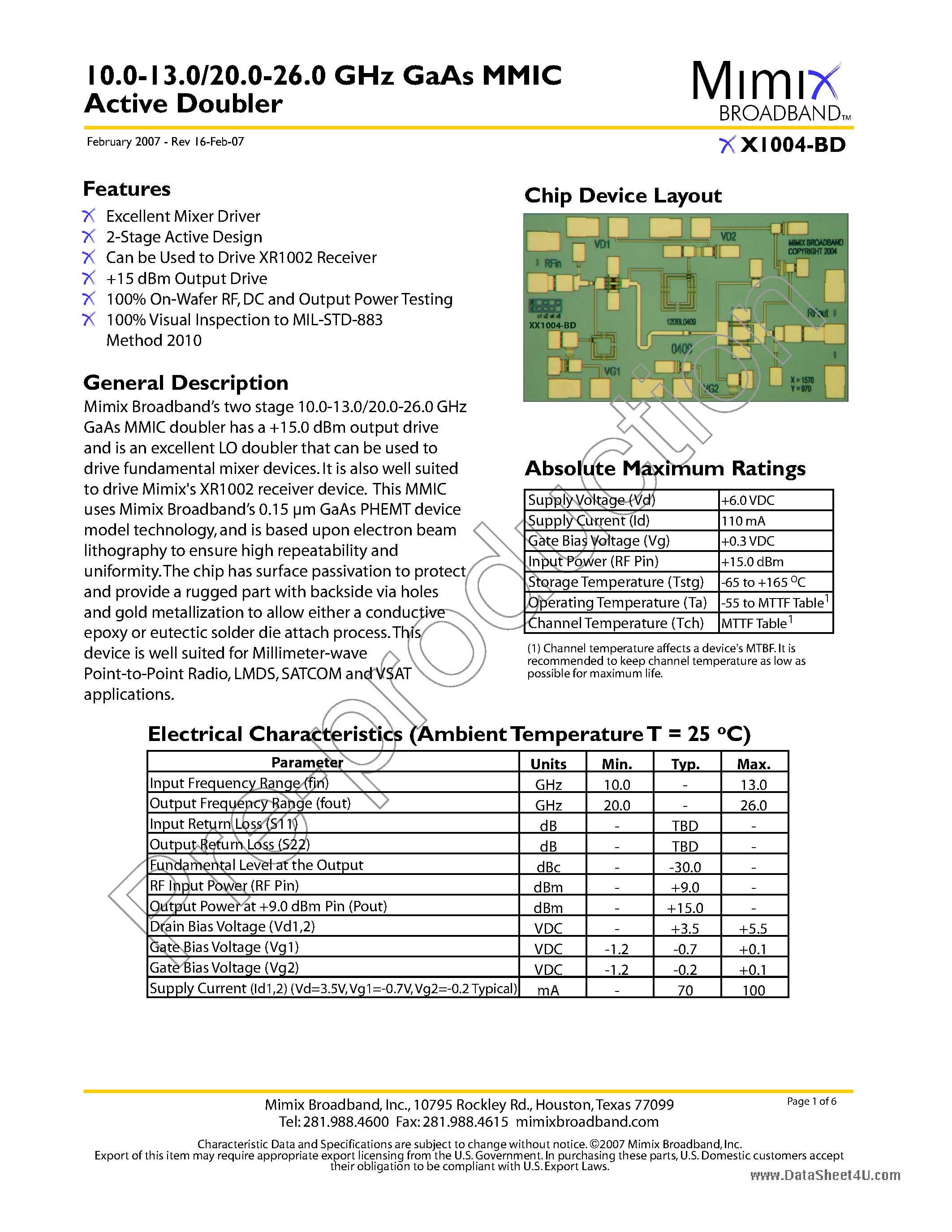 Datasheet XX1004-BD page 1 Datasheet XX1004-BD - GaAs MMIC Active Doubler page 1