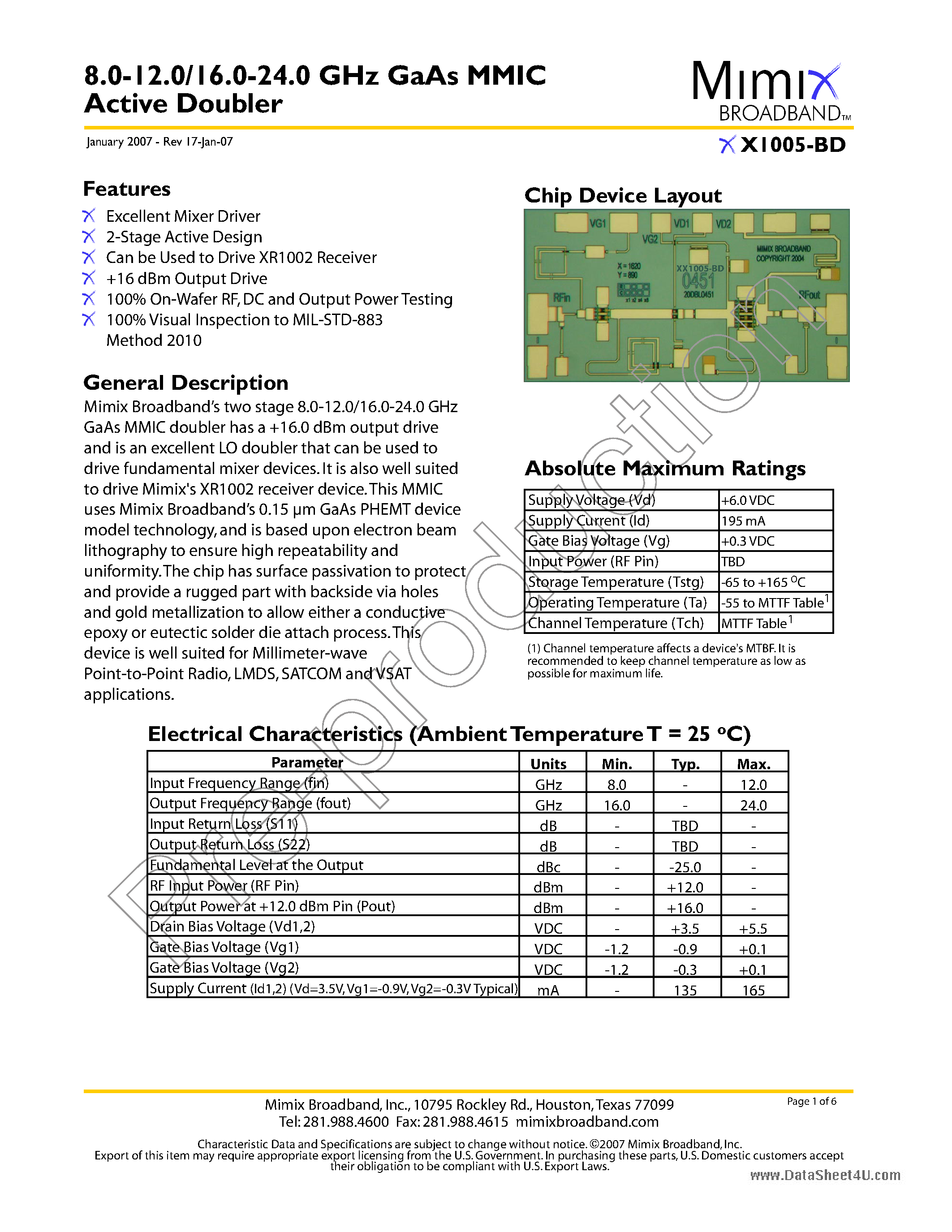 Datasheet XX1005-BD page 1 Datasheet XX1005-BD - GaAs MMIC Active Doubler page 1