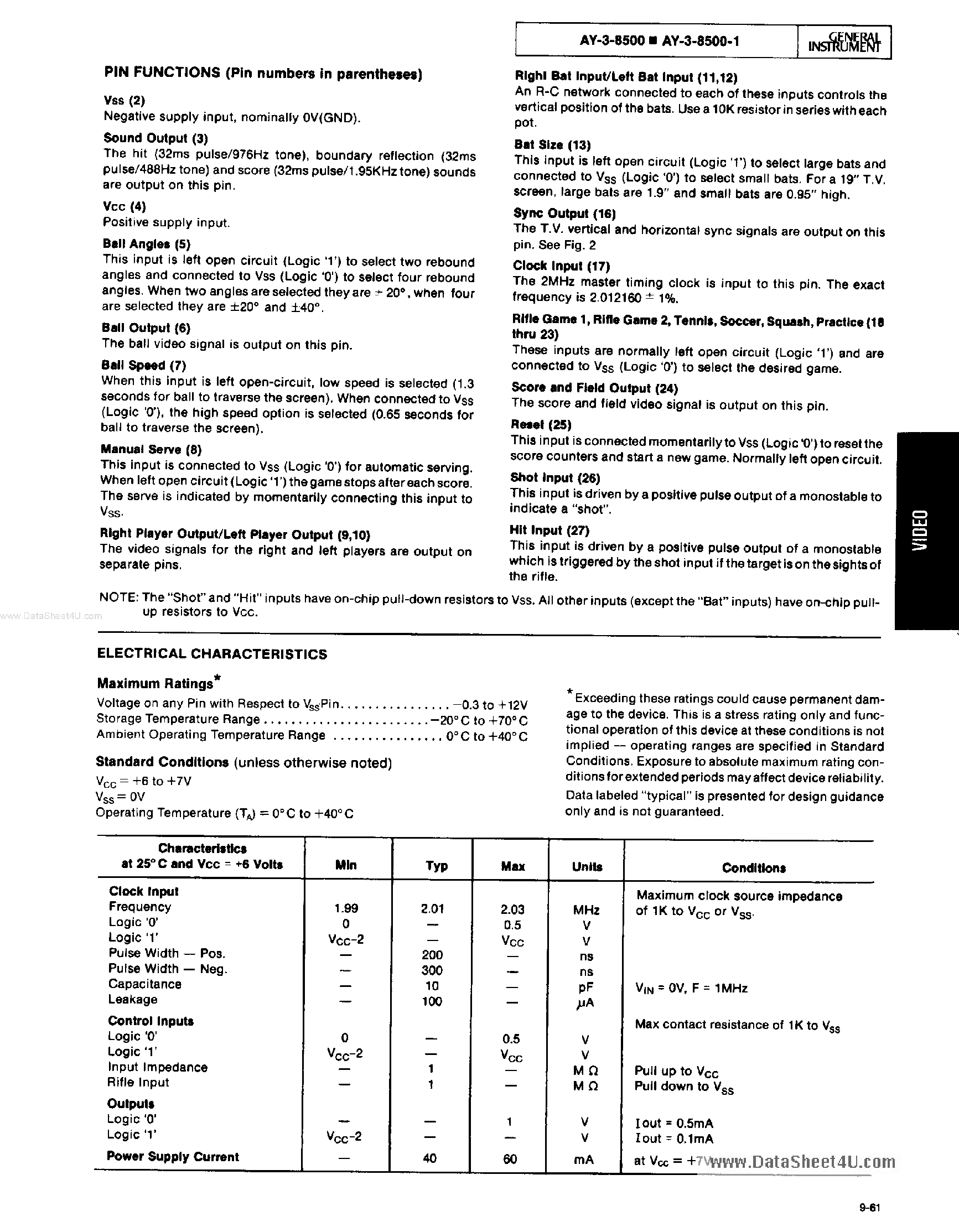 Datasheet AY-3-8500 page 2 Datasheet AY-3-8500 - Ball and Paddle page 2