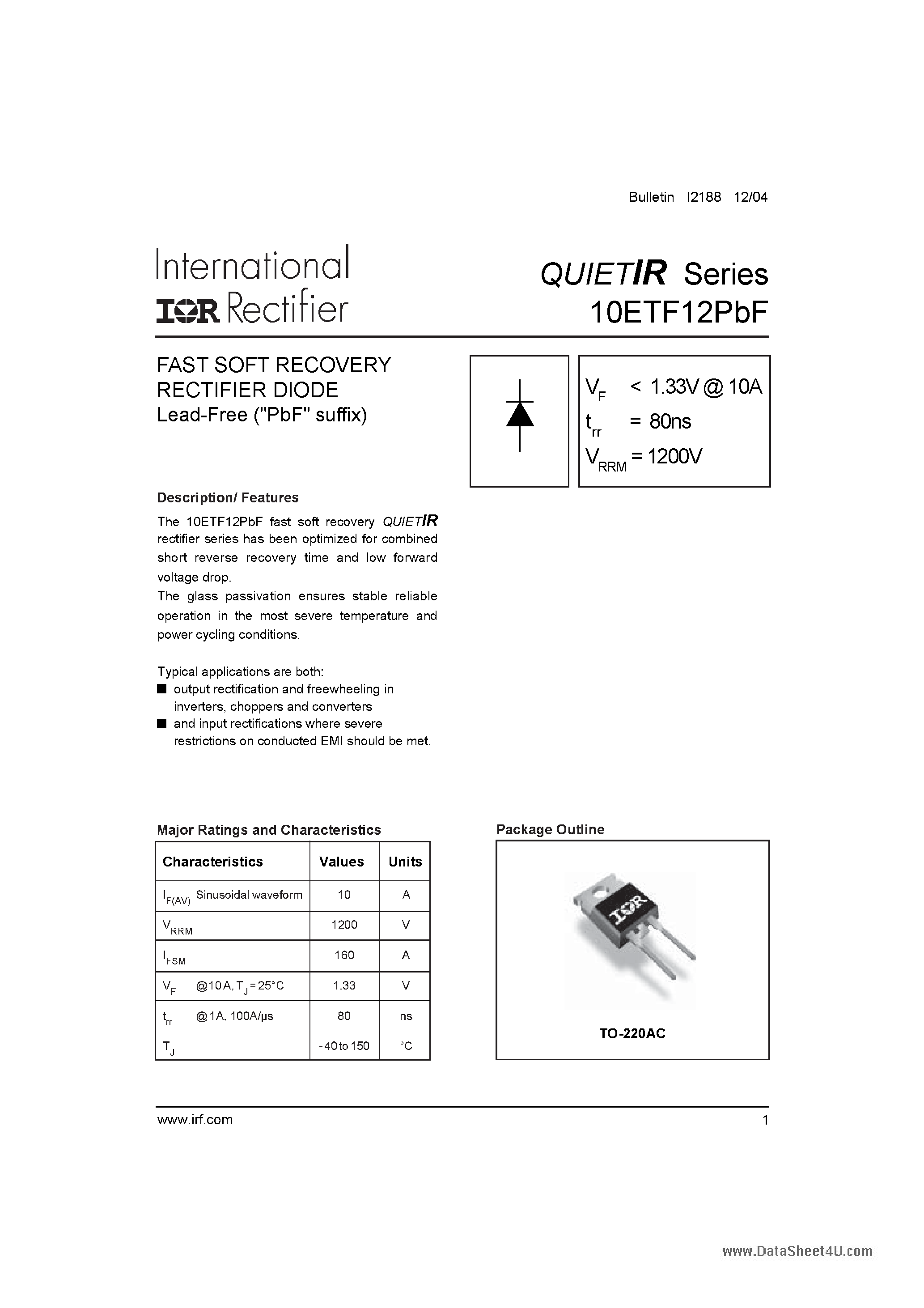 Datasheet 10ETF12PBF page 1 Datasheet 10ETF12PBF - FAST SOFT RECOVERY RECTIFIER DIODE page 1