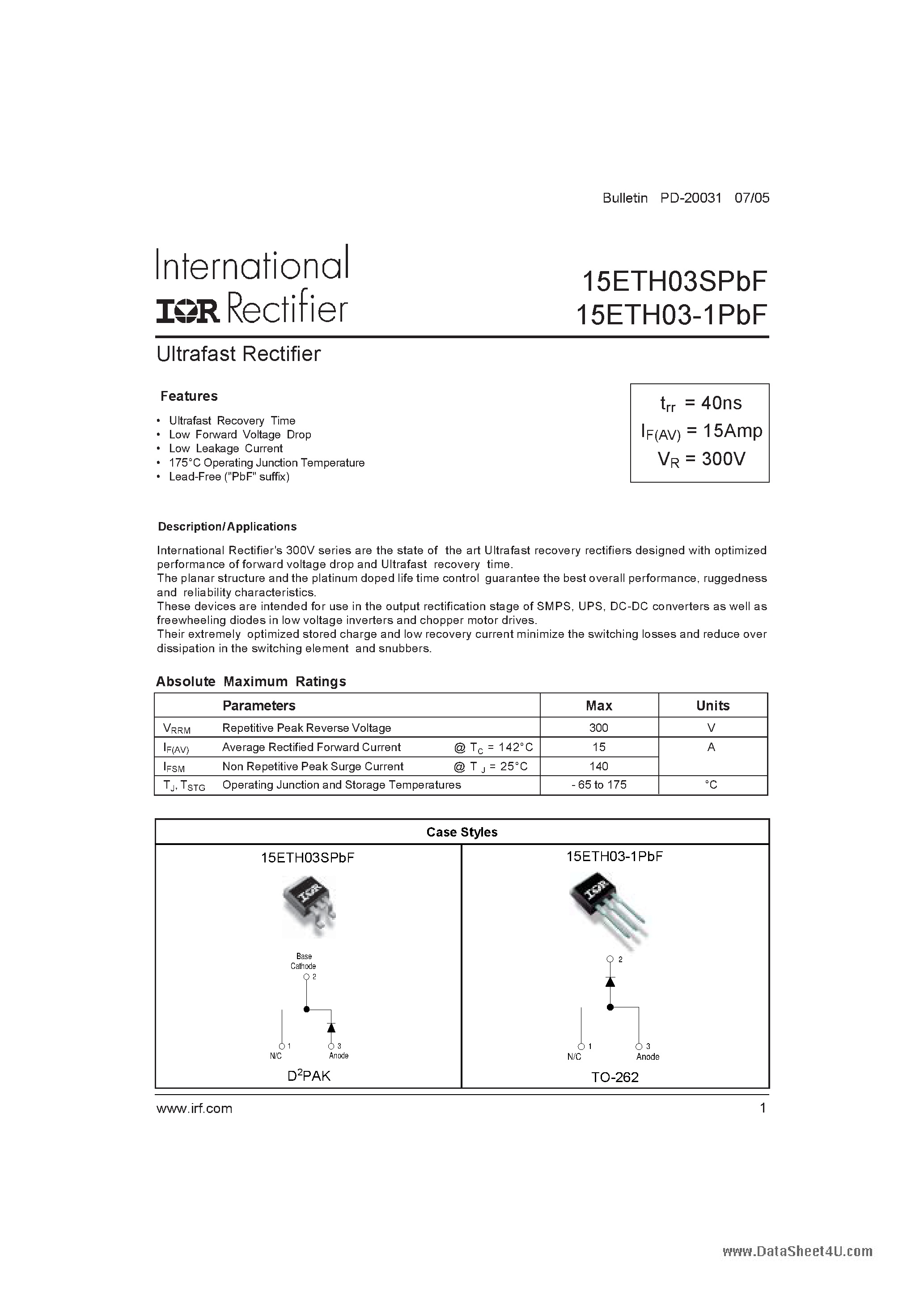 Datasheet 15ETH03-1PbF page 1 Datasheet 15ETH03-1PbF - Ultrafast Rectifier page 1