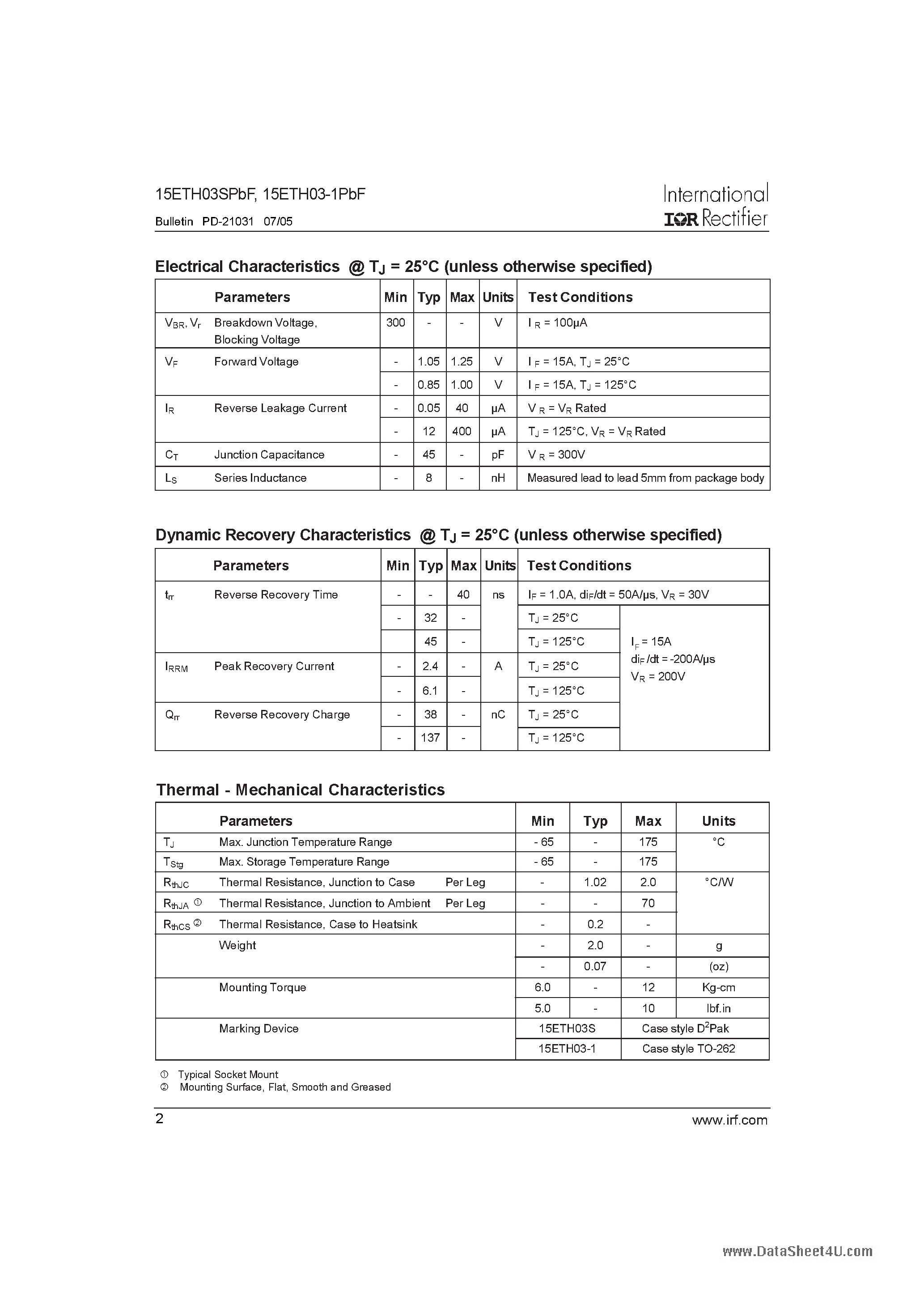 Datasheet 15ETH03-1PbF page 2 Datasheet 15ETH03-1PbF - Ultrafast Rectifier page 2