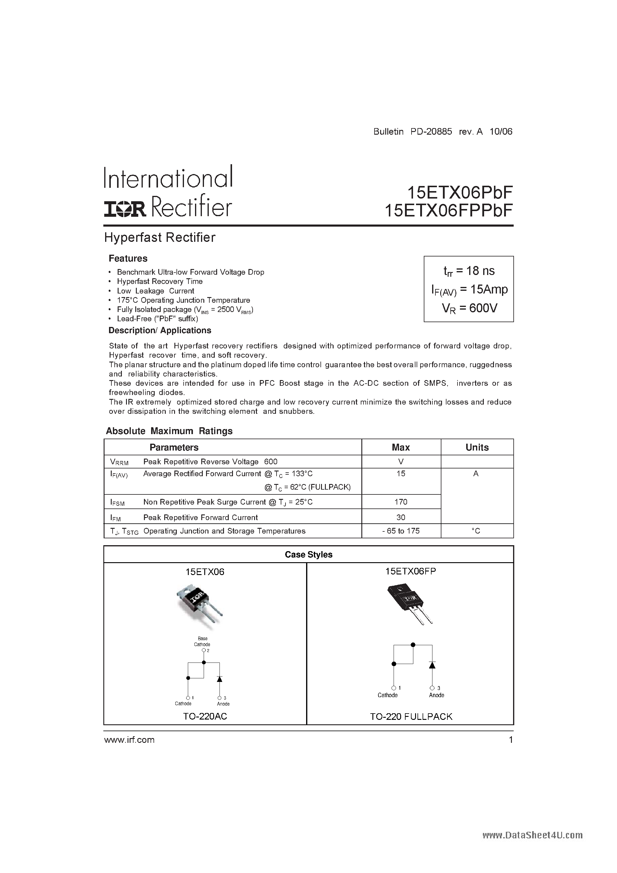 Datasheet 15ETX06FPPbF page 1 Datasheet 15ETX06FPPbF - Hyperfast Rectifier page 1