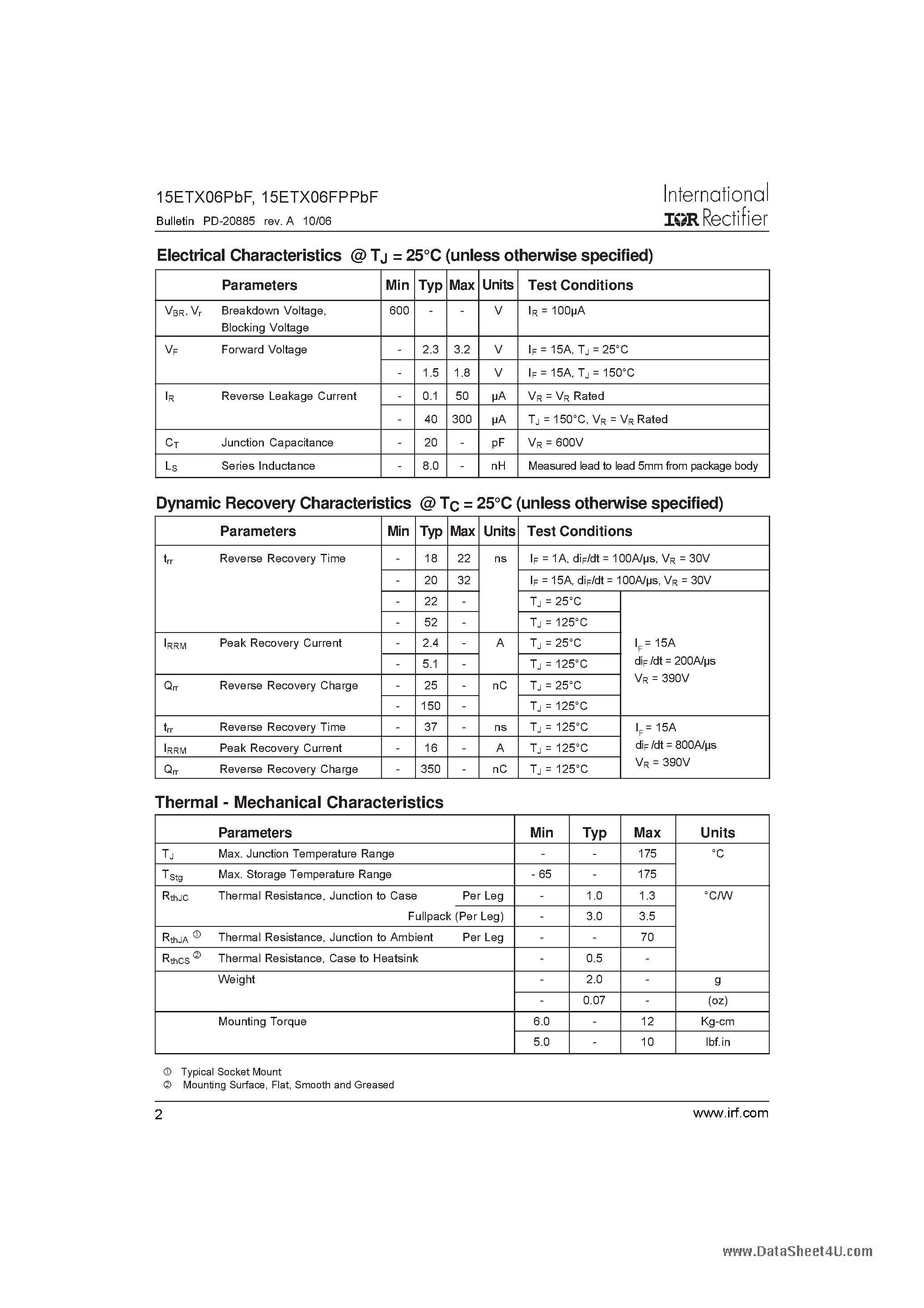 Datasheet 15ETX06FPPbF page 2 Datasheet 15ETX06FPPbF - Hyperfast Rectifier page 2