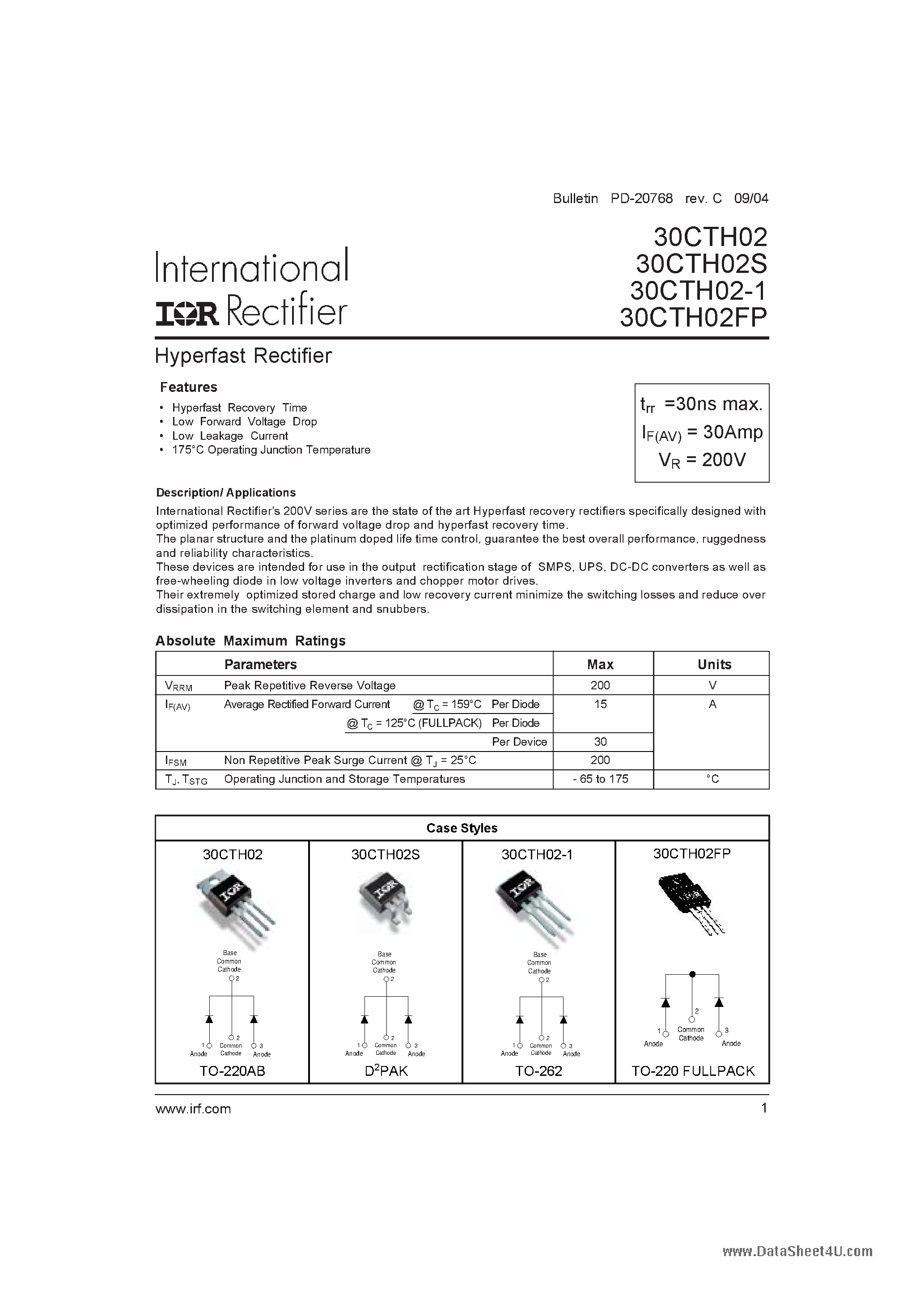 Datasheet 30CTH02-1 - (30CTH02xx) Hyperfast Rectifier page 1