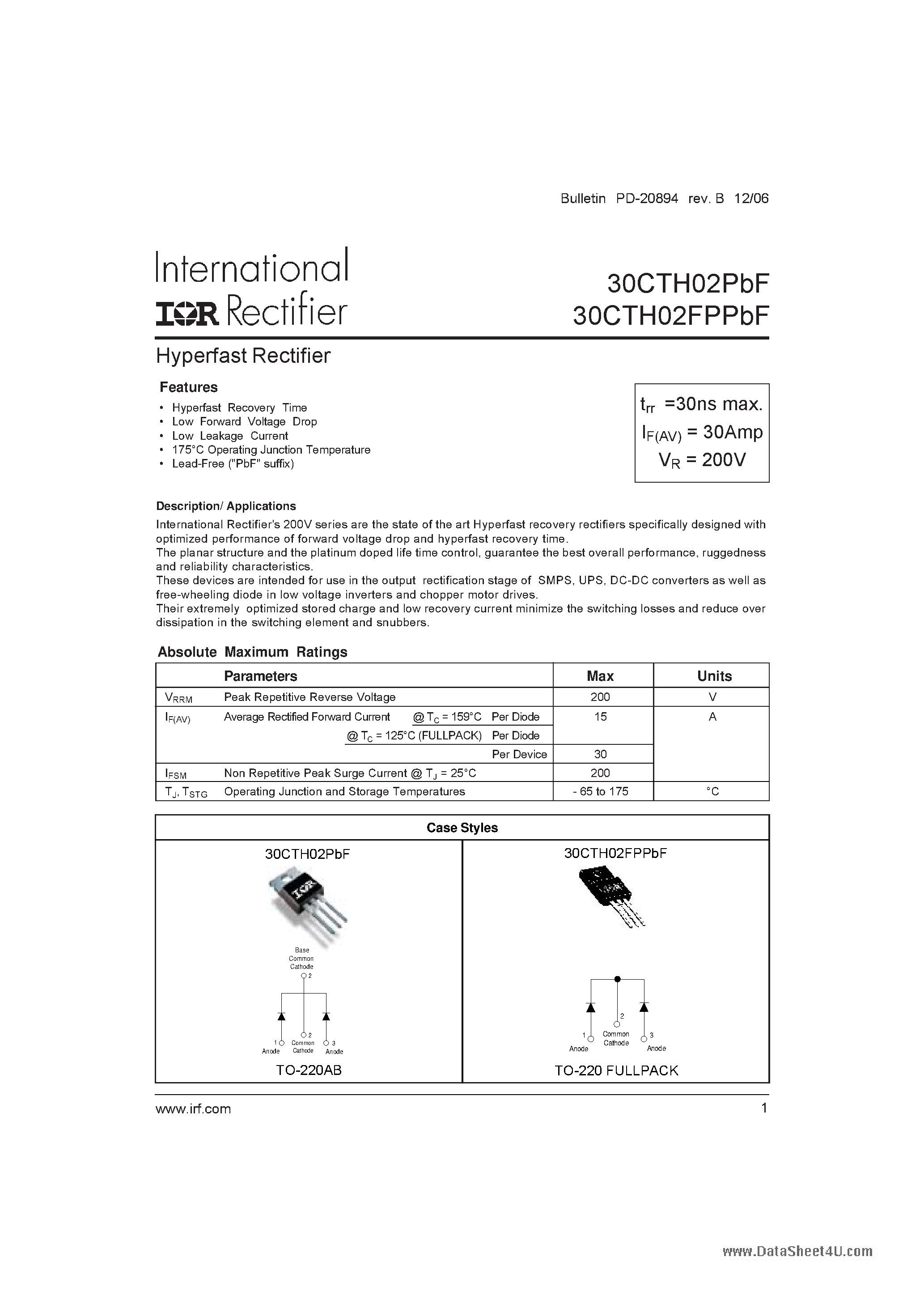 Datasheet 30CTH02FPPbF - Hyperfast Rectifier page 1