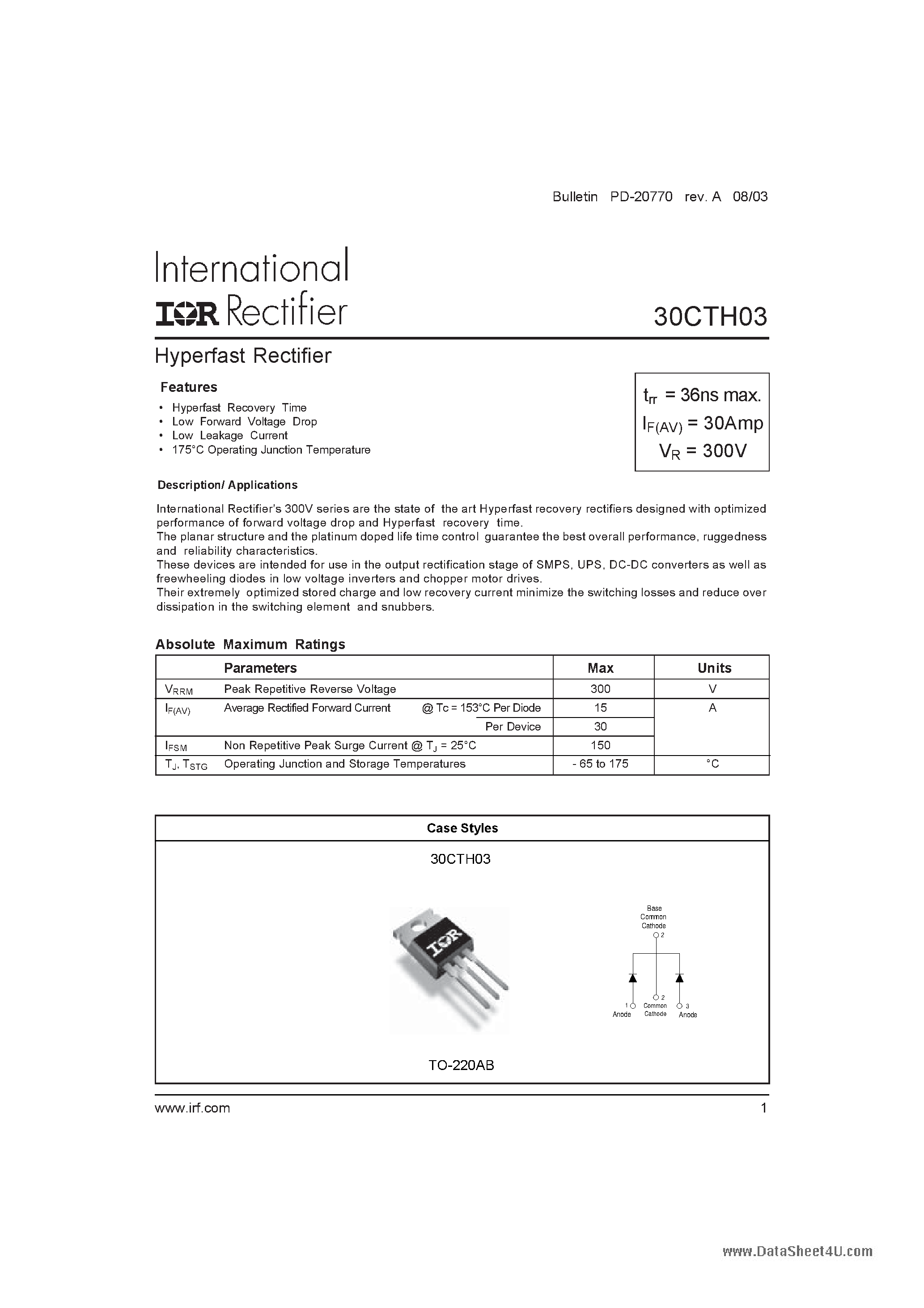 Datasheet 30CTH03 - Hyperfast Rectifier page 1