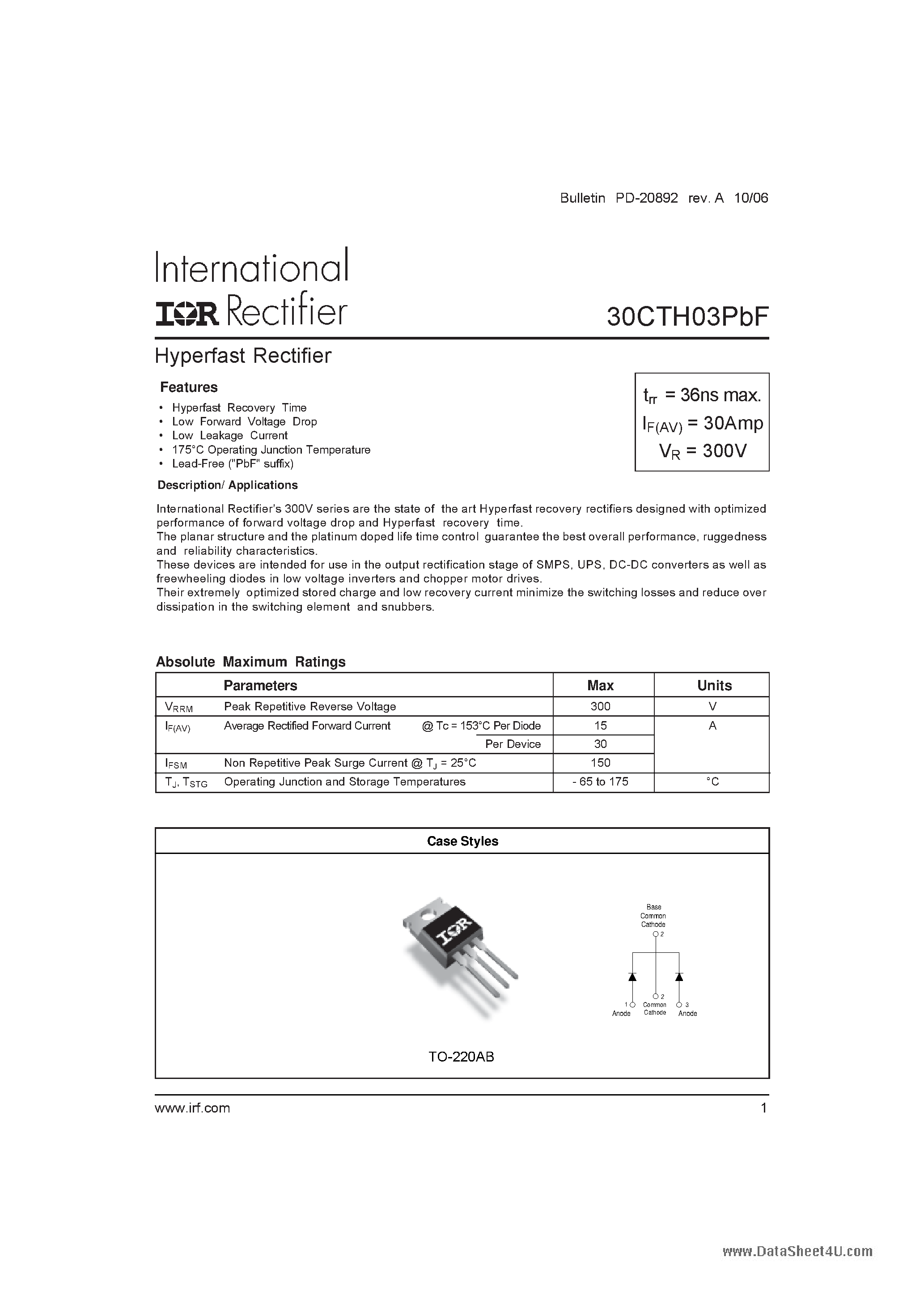 Datasheet 30CTH03PBF page 1 Datasheet 30CTH03PBF - Hyperfast Rectifier page 1