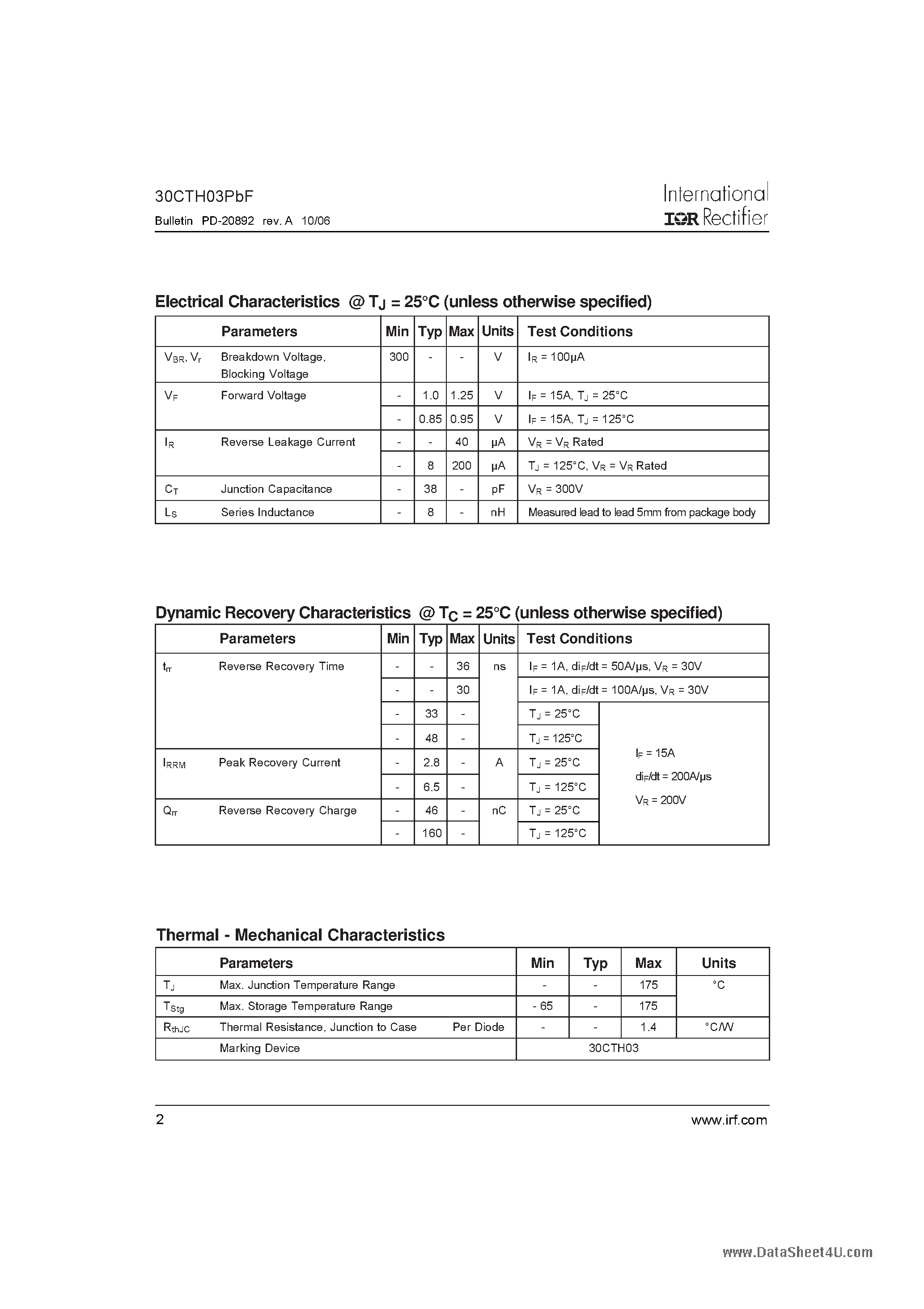 Datasheet 30CTH03PBF page 2 Datasheet 30CTH03PBF - Hyperfast Rectifier page 2