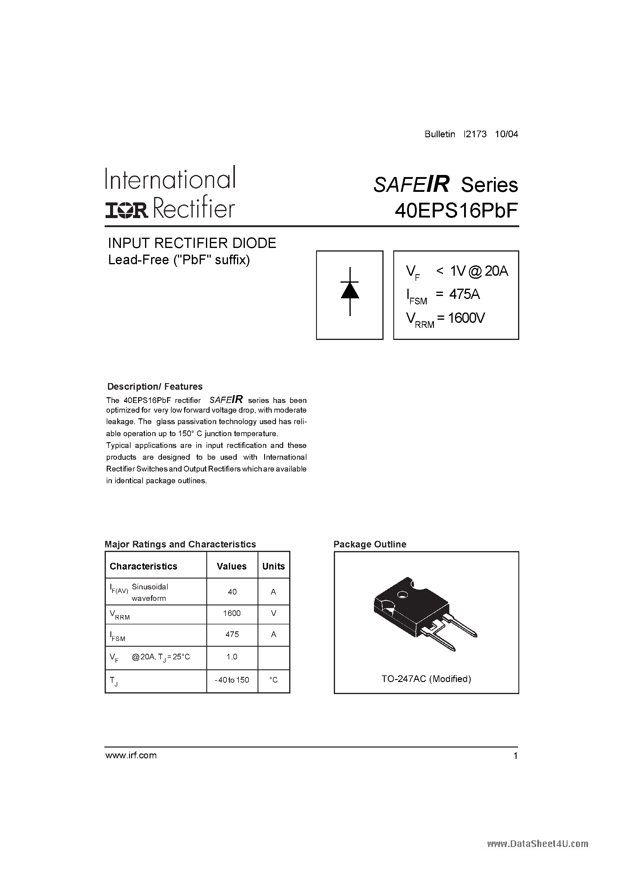 Datasheet 40EPS16PBF page 1 Datasheet 40EPS16PBF - INPUT RECTIFIER DIODE page 1