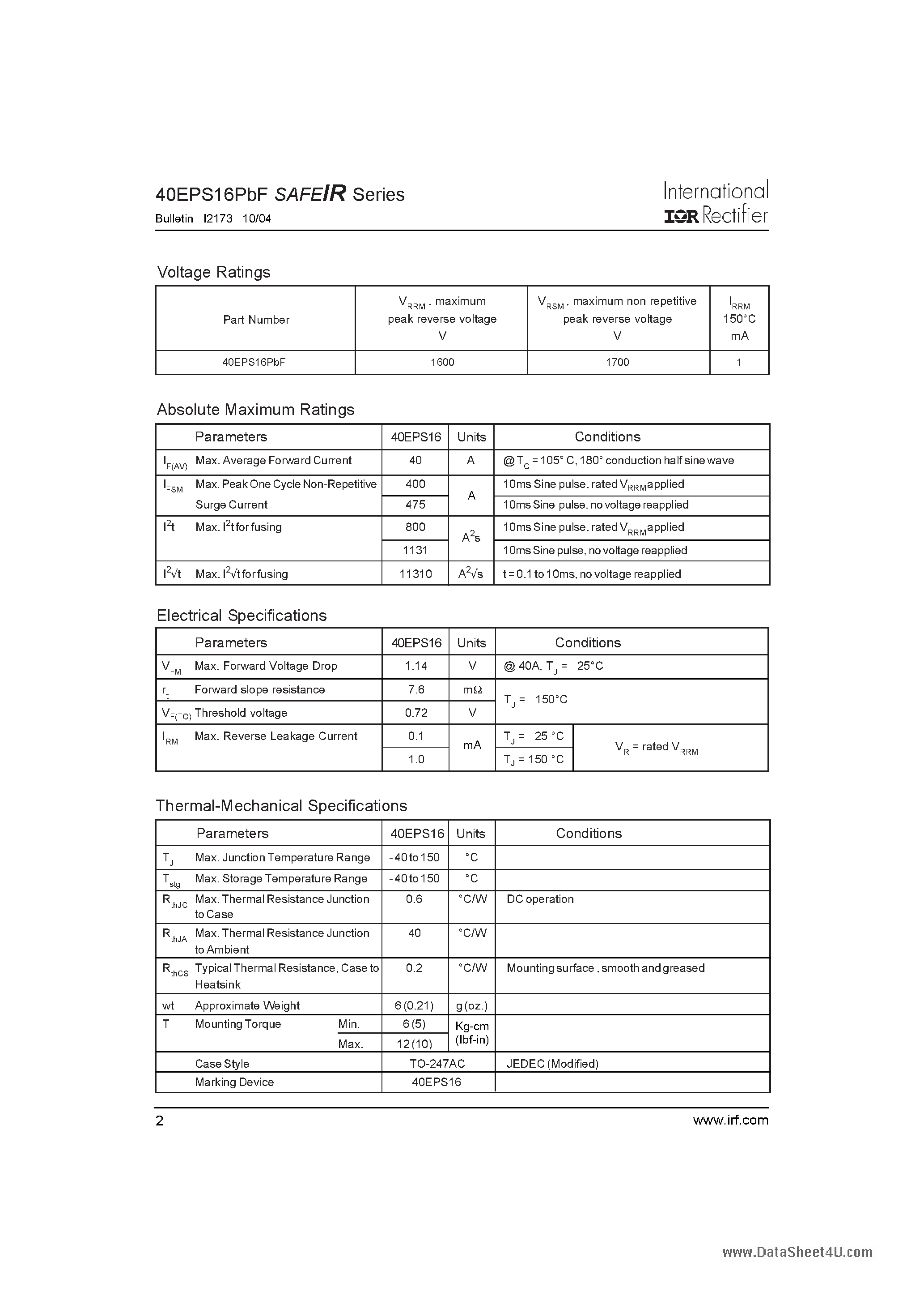 Datasheet 40EPS16PBF page 2 Datasheet 40EPS16PBF - INPUT RECTIFIER DIODE page 2