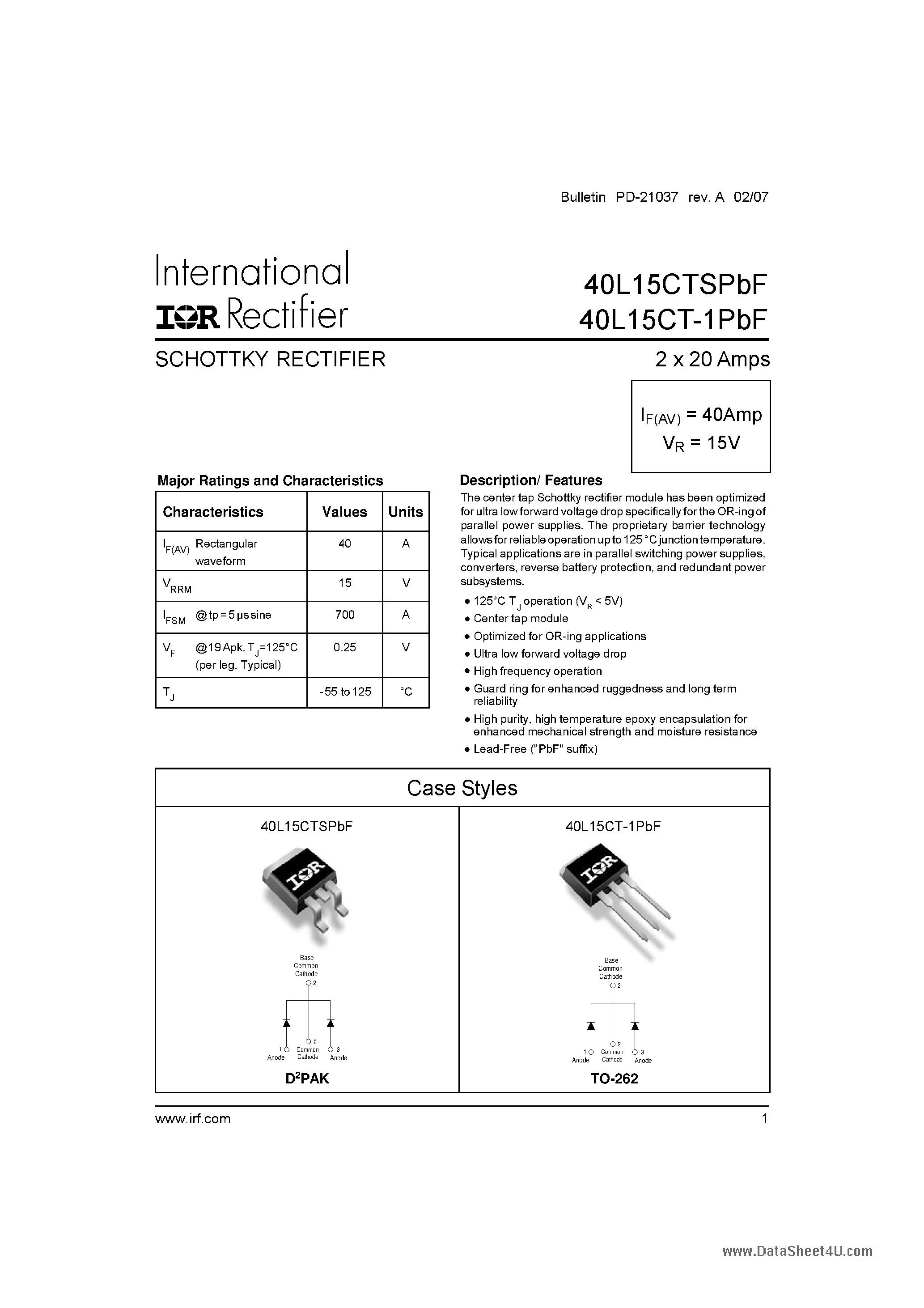 Datasheet 40L15CT-1PbF - SCHOTTKY RECTIFIER page 1