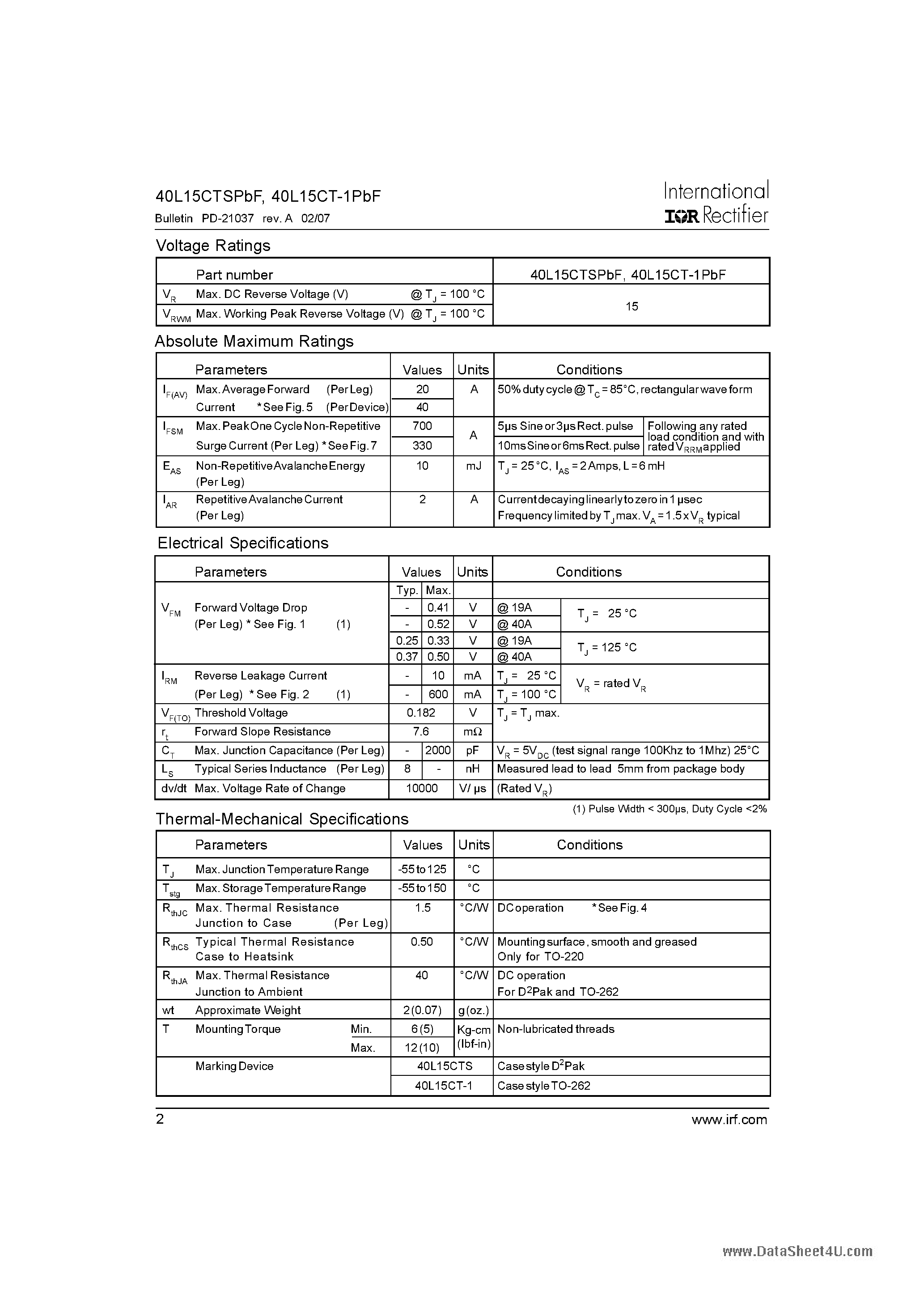 Datasheet 40L15CT-1PbF - SCHOTTKY RECTIFIER page 2
