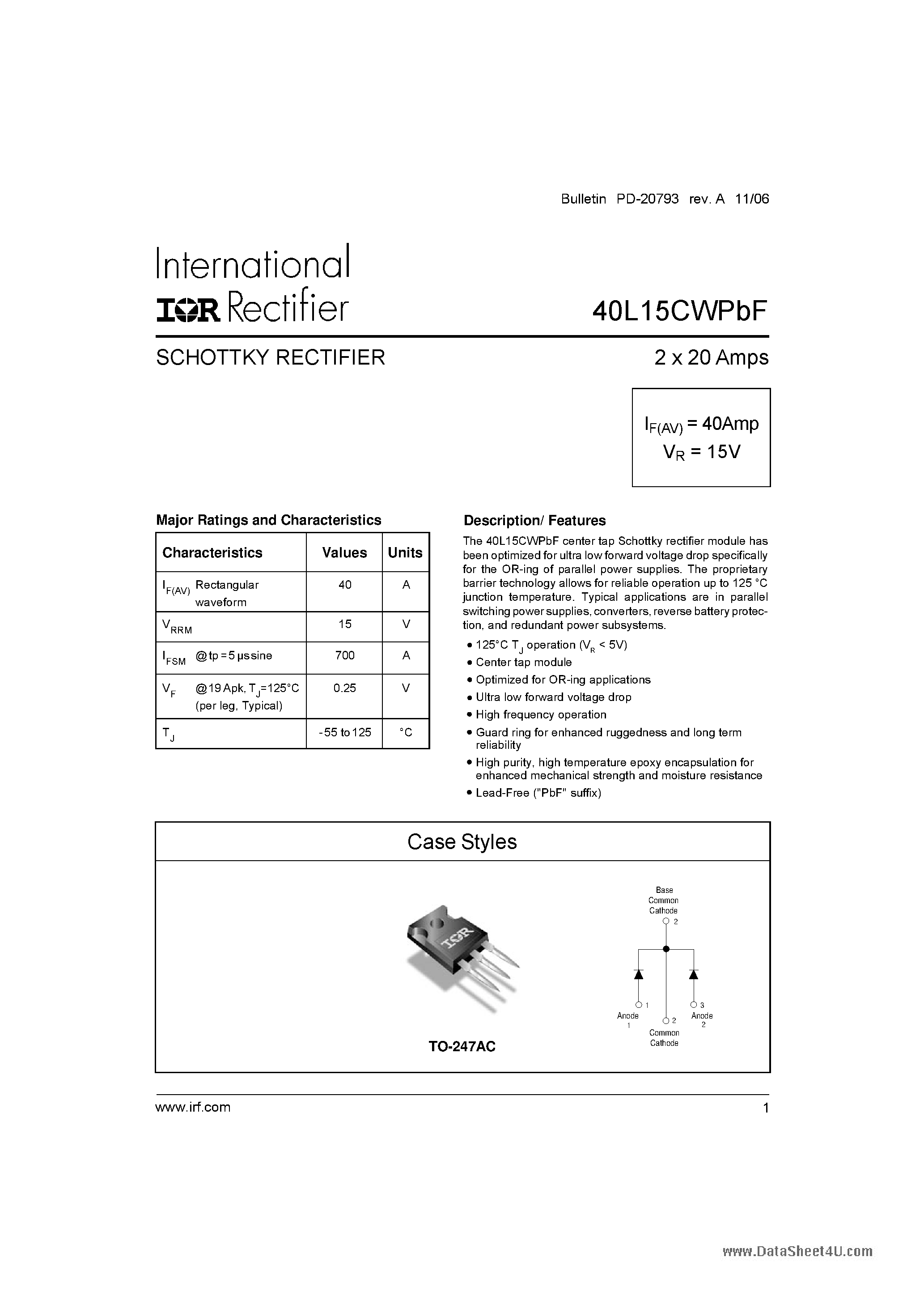 Datasheet 40L15CWPBF page 1 Datasheet 40L15CWPBF - SCHOTTKY RECTIFIER page 1