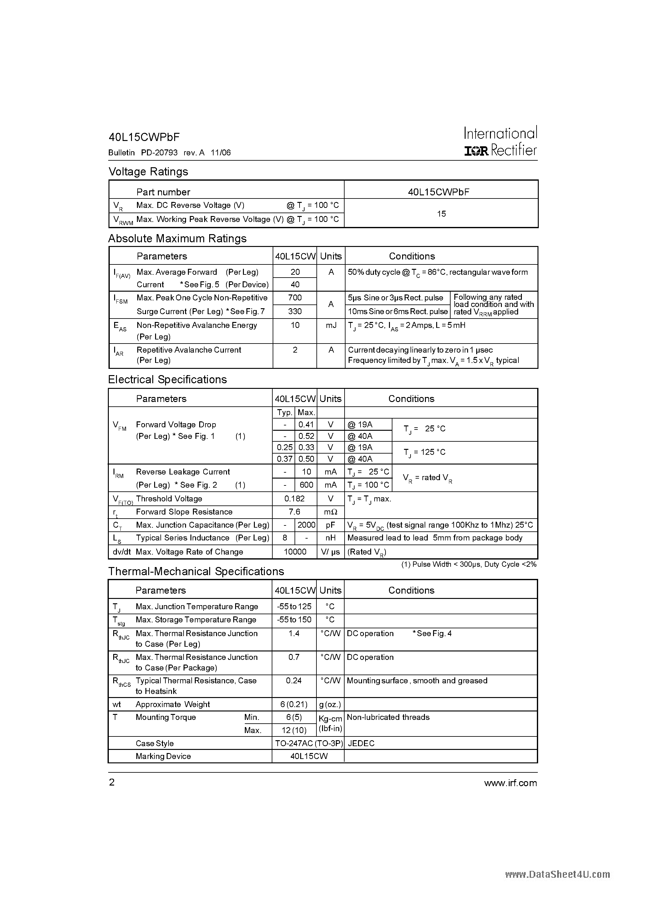 Datasheet 40L15CWPBF page 2 Datasheet 40L15CWPBF - SCHOTTKY RECTIFIER page 2