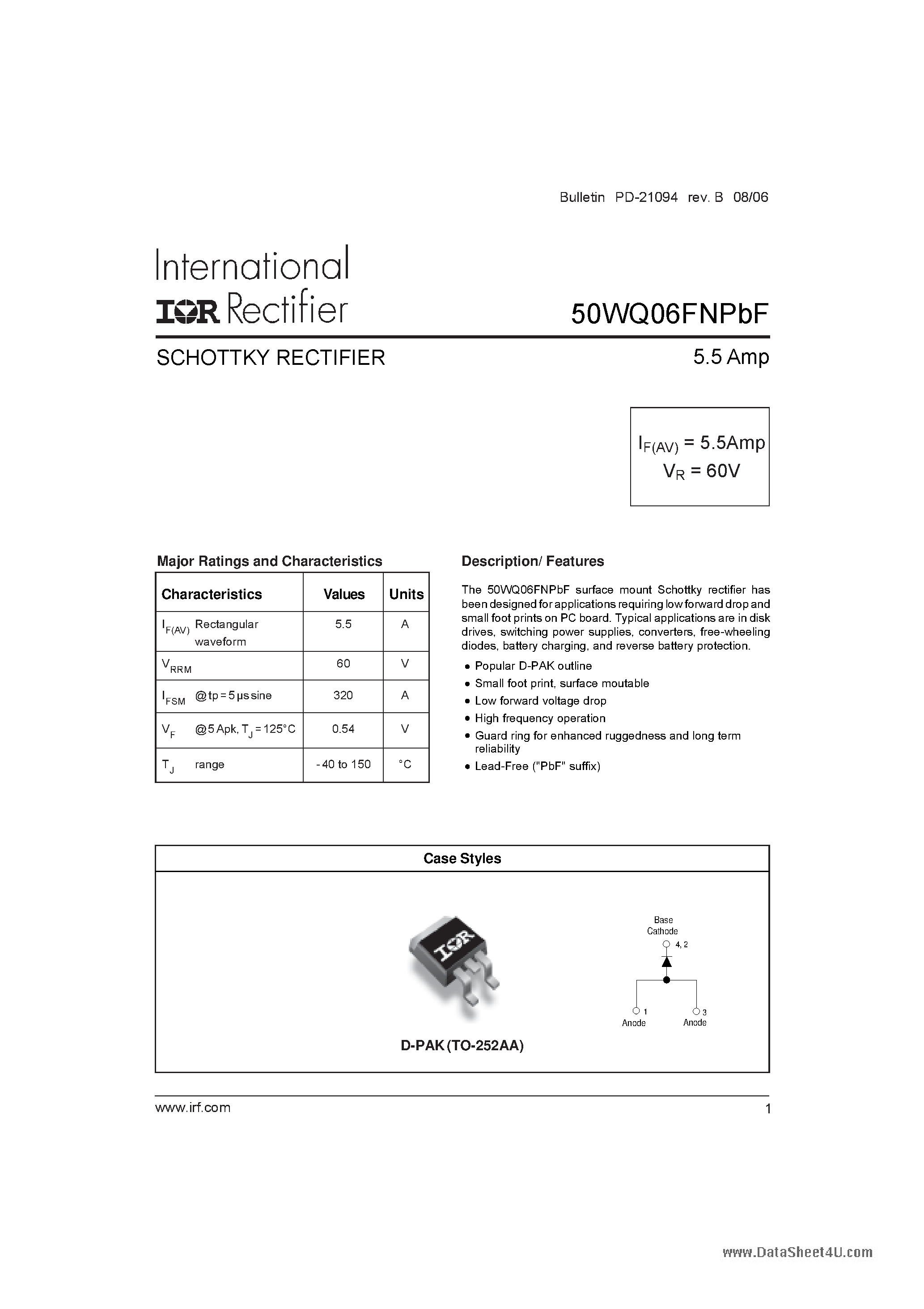 Datasheet 50WQ06FNPBF - SCHOTTKY RECTIFIER page 1