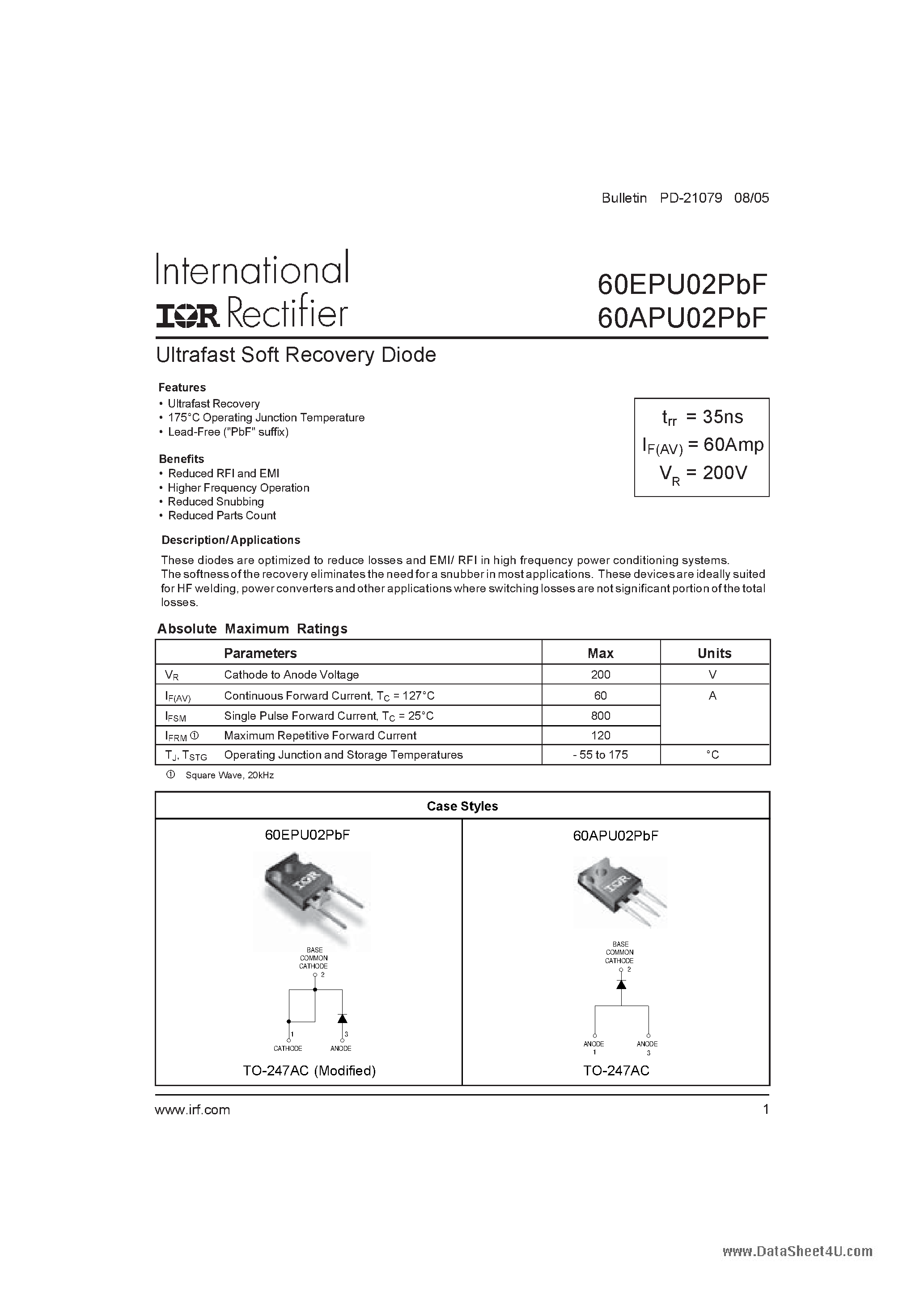 Datasheet 60APU02PbF page 1 Datasheet 60APU02PbF - Ultrafast Soft Recovery Diode page 1
