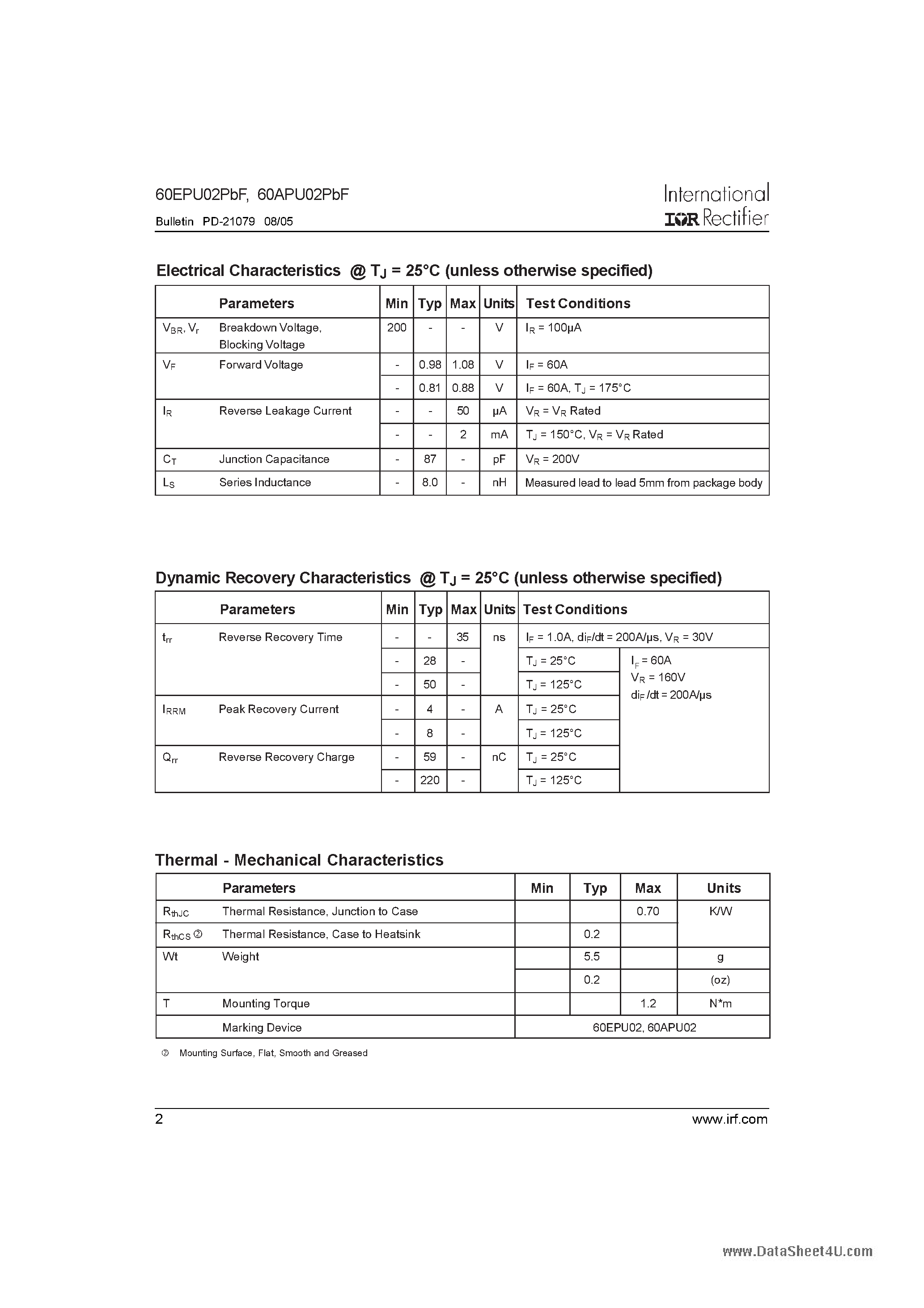 Datasheet 60EPU02PbF - Ultrafast Soft Recovery Diode page 2