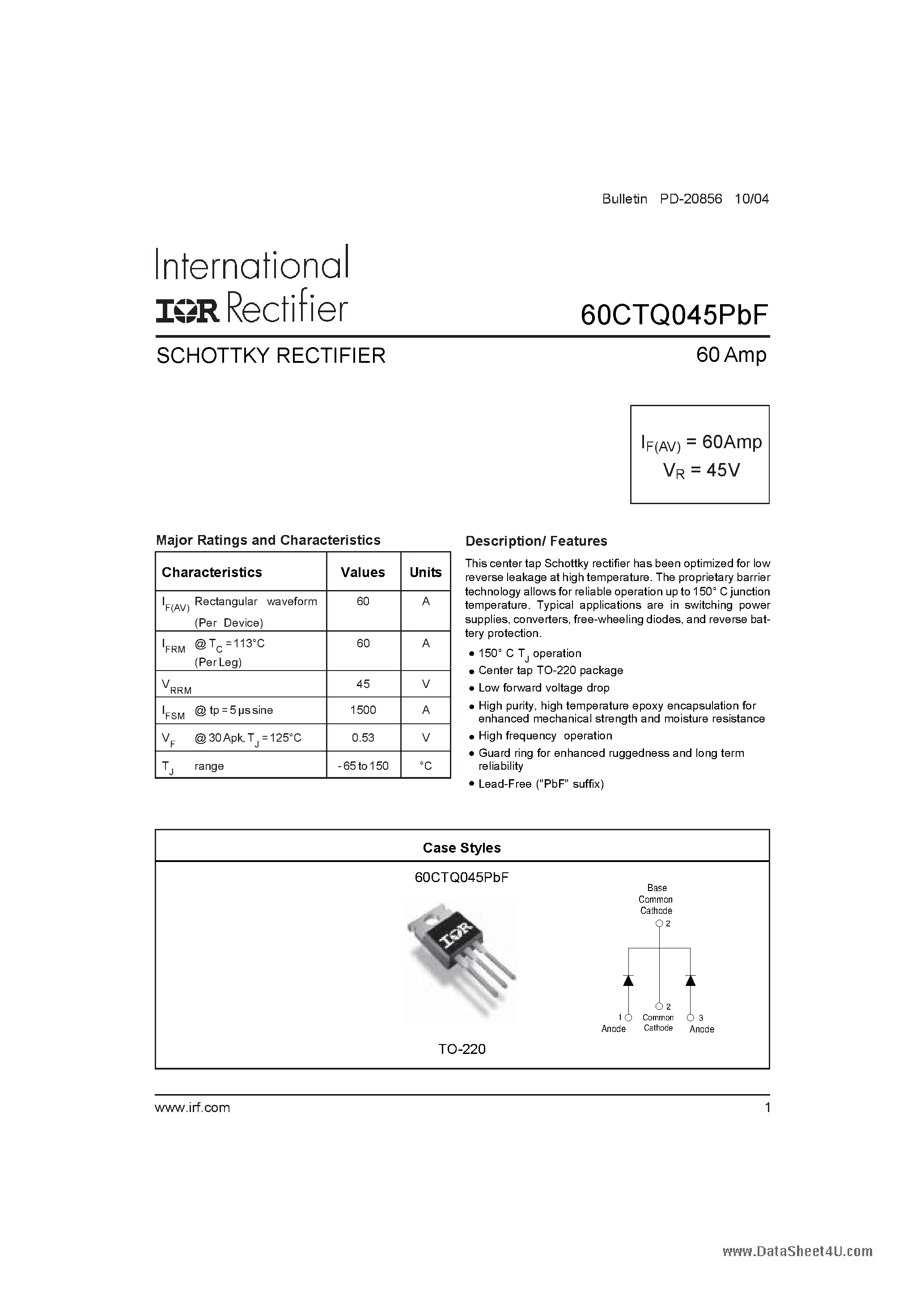 Datasheet 60CTQ045PBF page 1 Datasheet 60CTQ045PBF - SCHOTTKY RECTIFIER page 1
