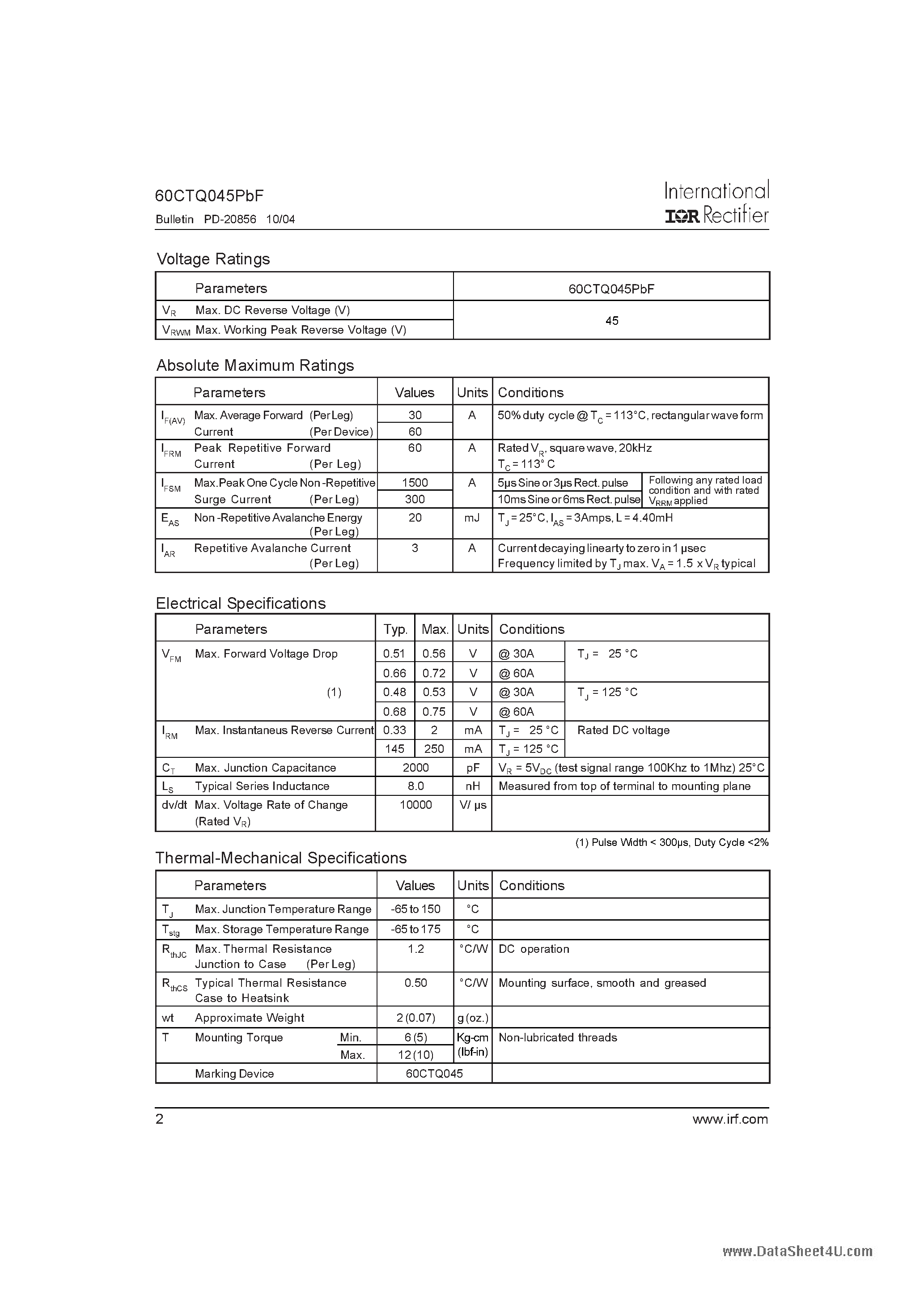 Datasheet 60CTQ045PBF page 2 Datasheet 60CTQ045PBF - SCHOTTKY RECTIFIER page 2