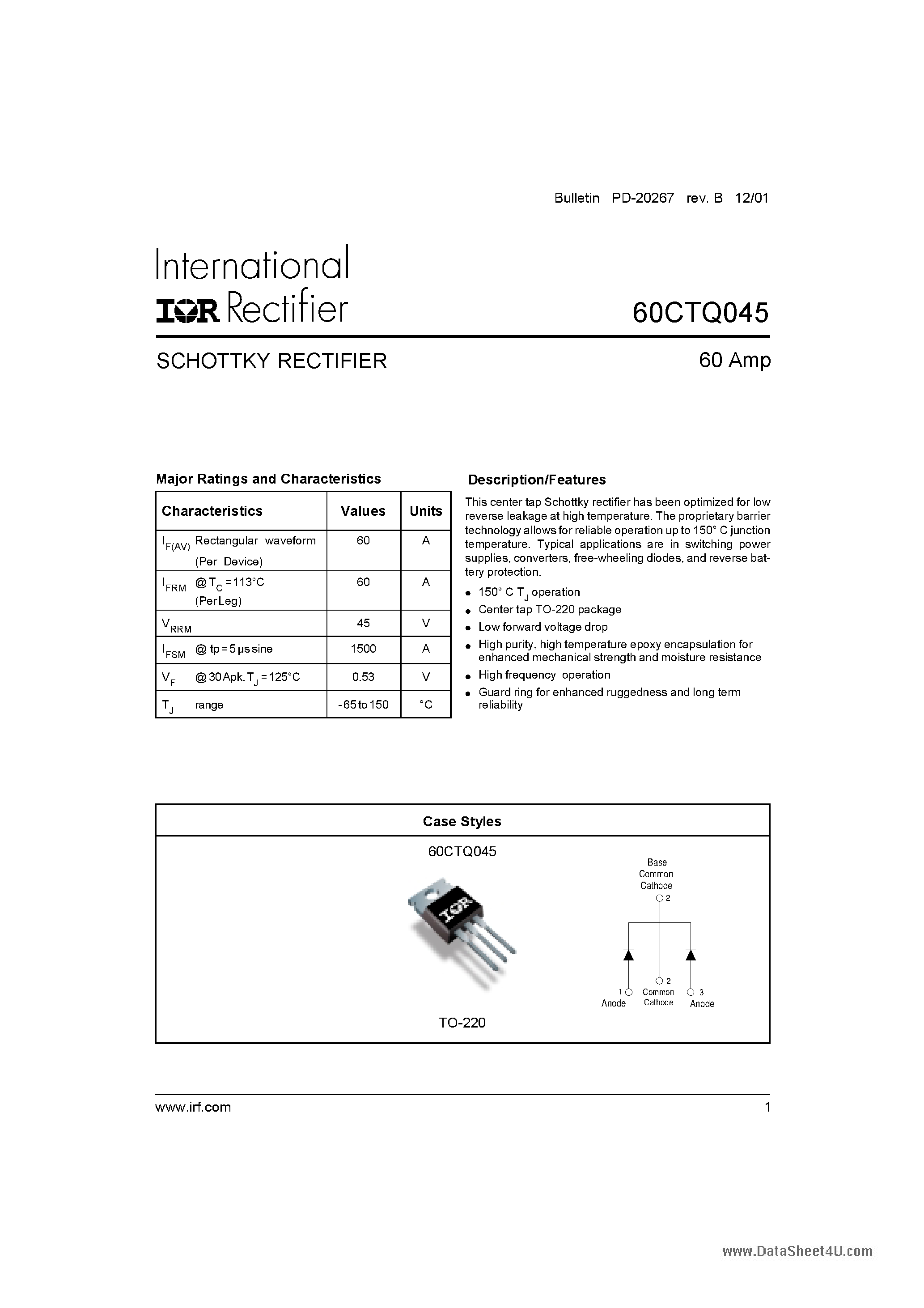 Datasheet 60CTQ045 page 1 Datasheet 60CTQ045 - SCHOTTKY RECTIFIER page 1
