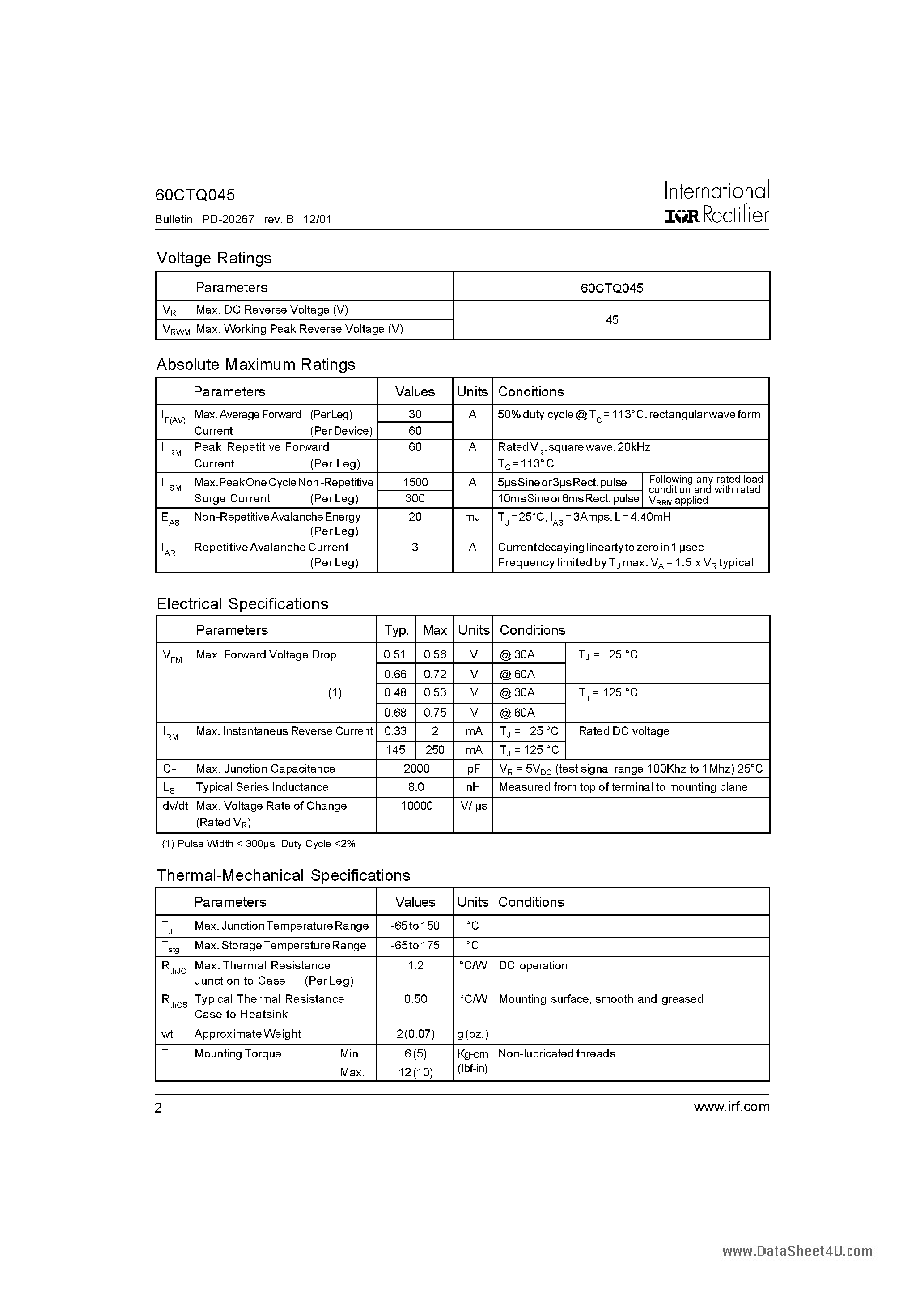 Datasheet 60CTQ045 page 2 Datasheet 60CTQ045 - SCHOTTKY RECTIFIER page 2