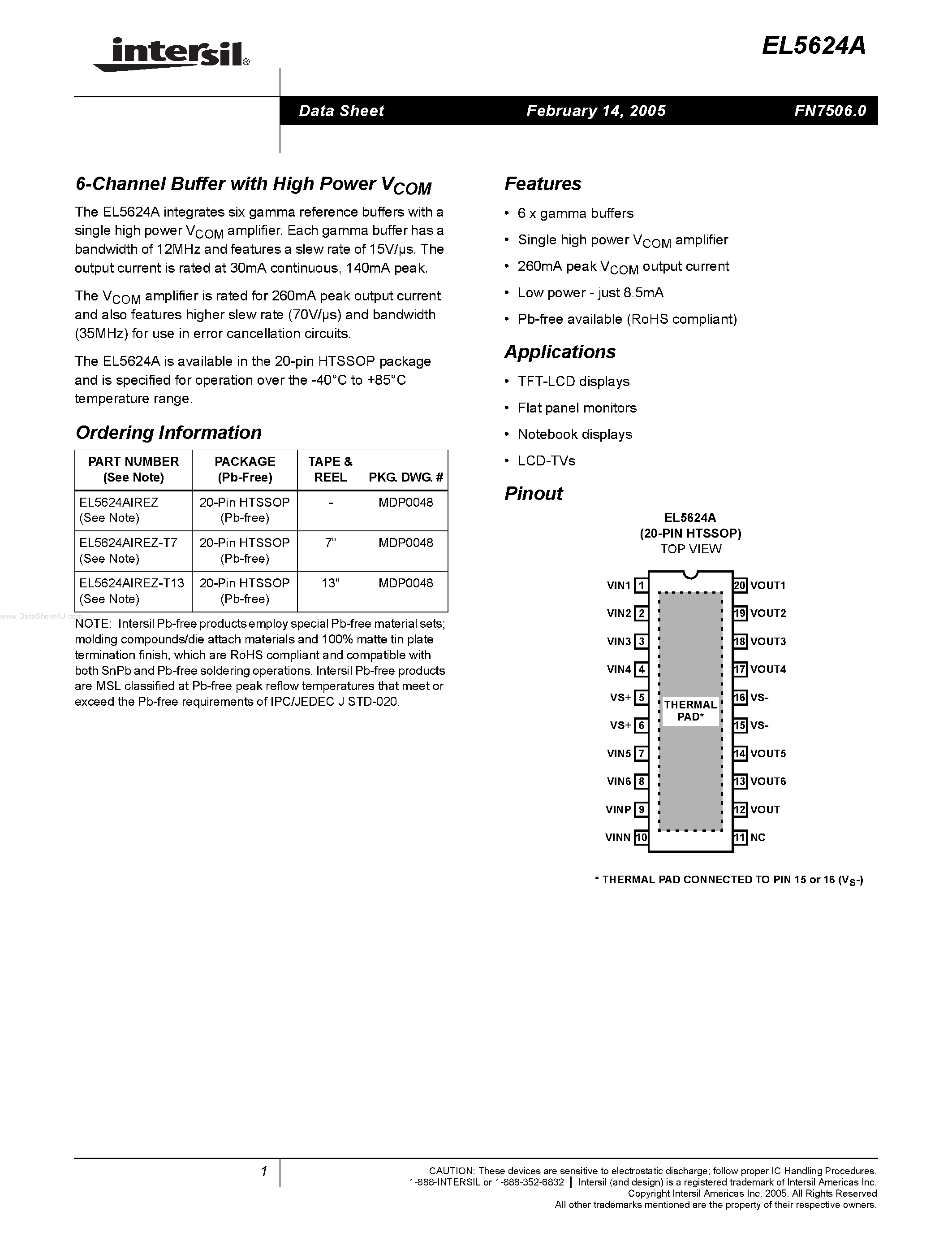 Datasheet EL5624A - 6-Channel Buffer page 1