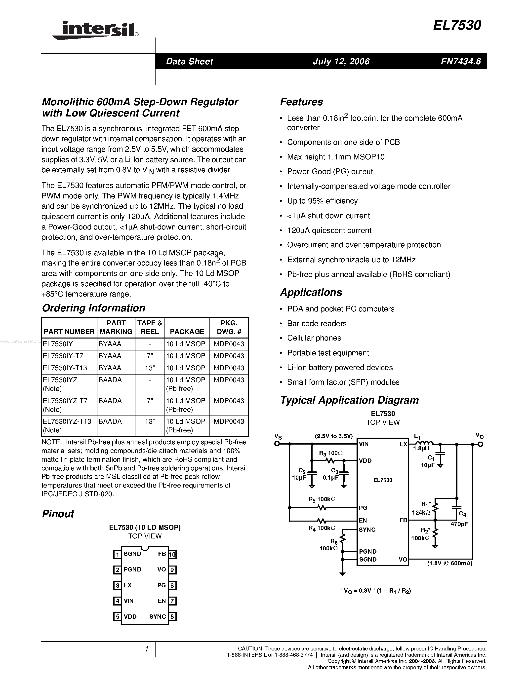 Даташит на микросхему EL7530 страница 1 Даташит EL7530 - Monolithic 600mA Step-Down Regulator страница 1