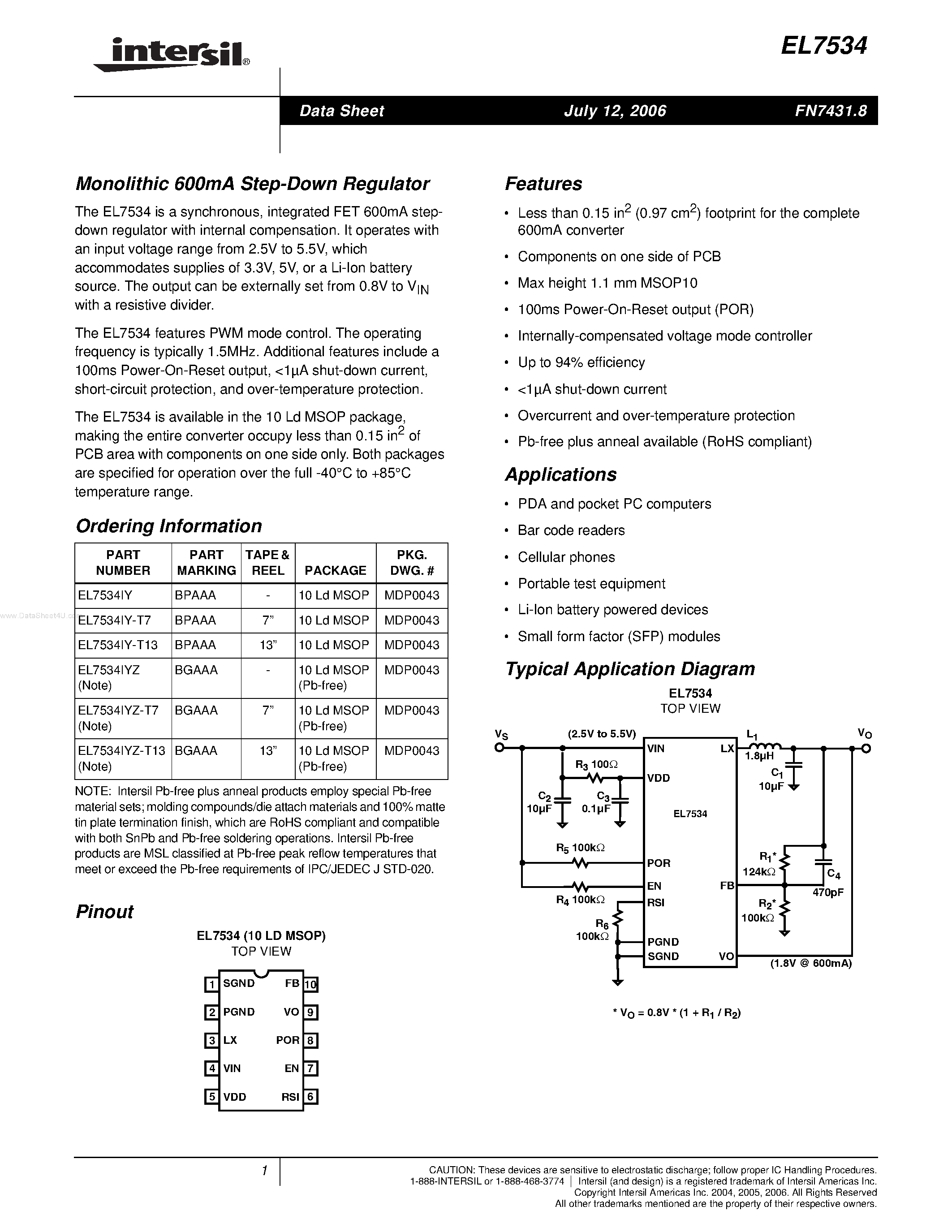 Даташит EL7534 - Monolithic 600mA Step-Down Regulator страница 1