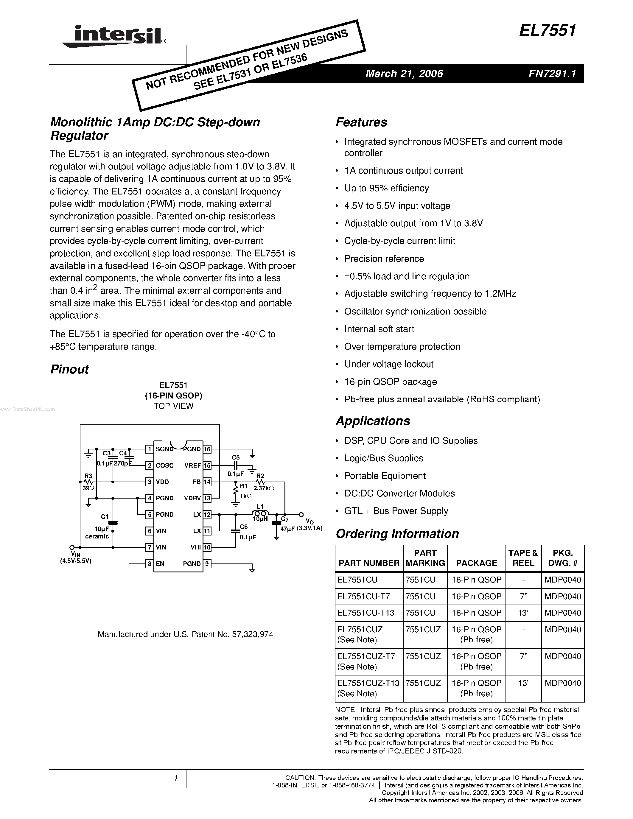 Даташит EL7551 - Monolithic 1Amp DC:DC Step-down Regulator страница 1