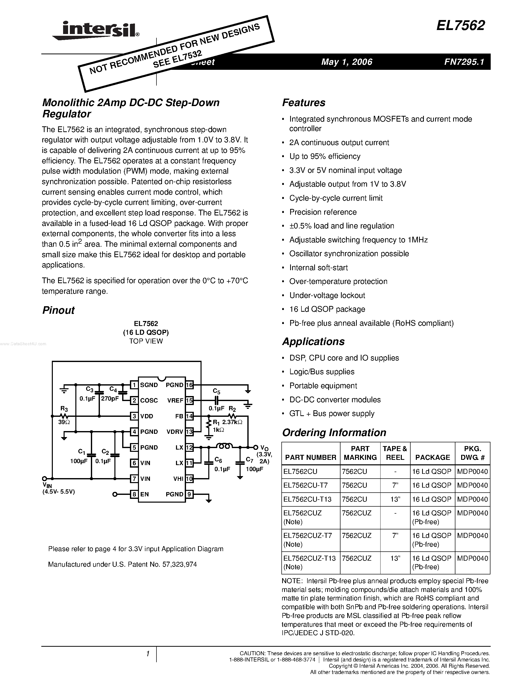 Даташит EL7562 - Monolithic 2Amp DC-DC Step-Down Regulator страница 1