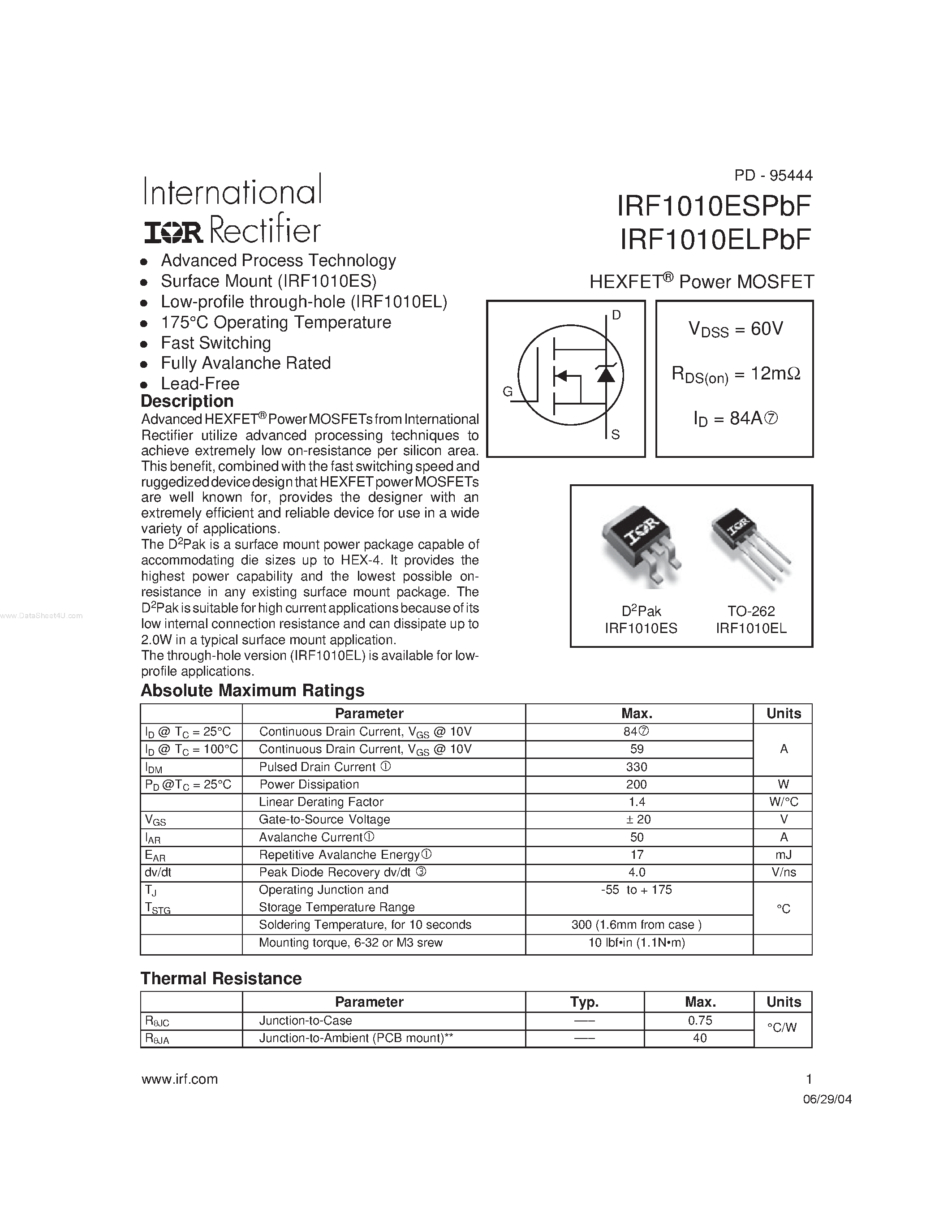 Даташит на микросхему IRF1010ELPbF страница 1 Даташит IRF1010ELPbF - HEXFET Power MOSFET страница 1