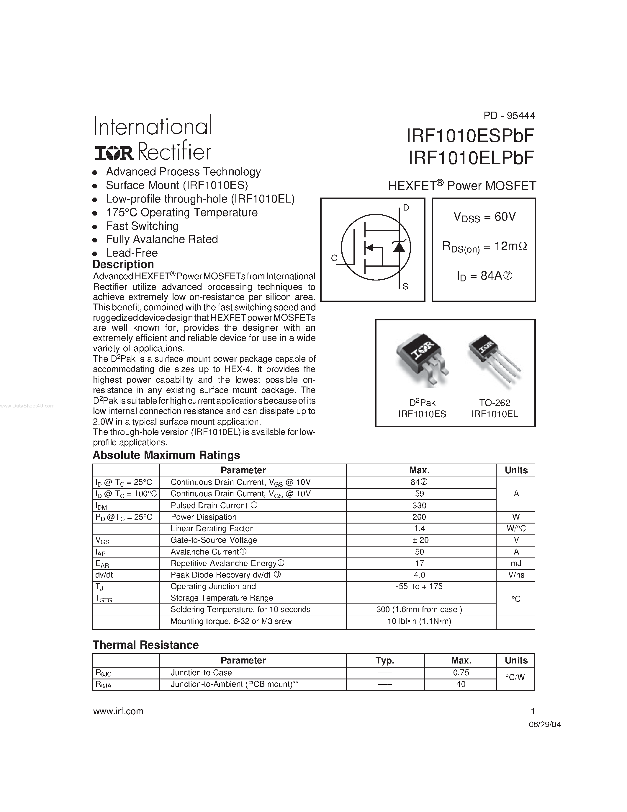 Datasheet IRF1010ELPbF - HEXFET Power MOSFET page 1
