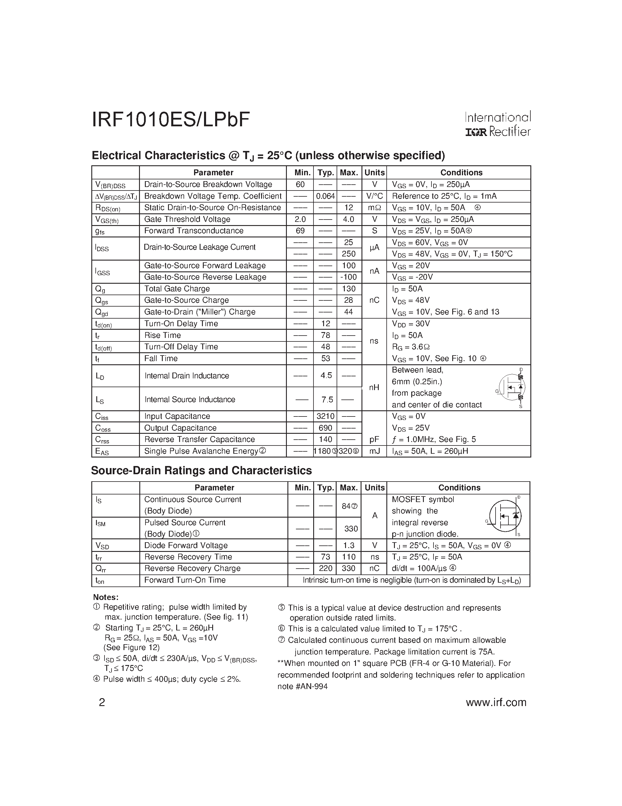 Даташит IRF1010ELPbF - HEXFET Power MOSFET страница 2