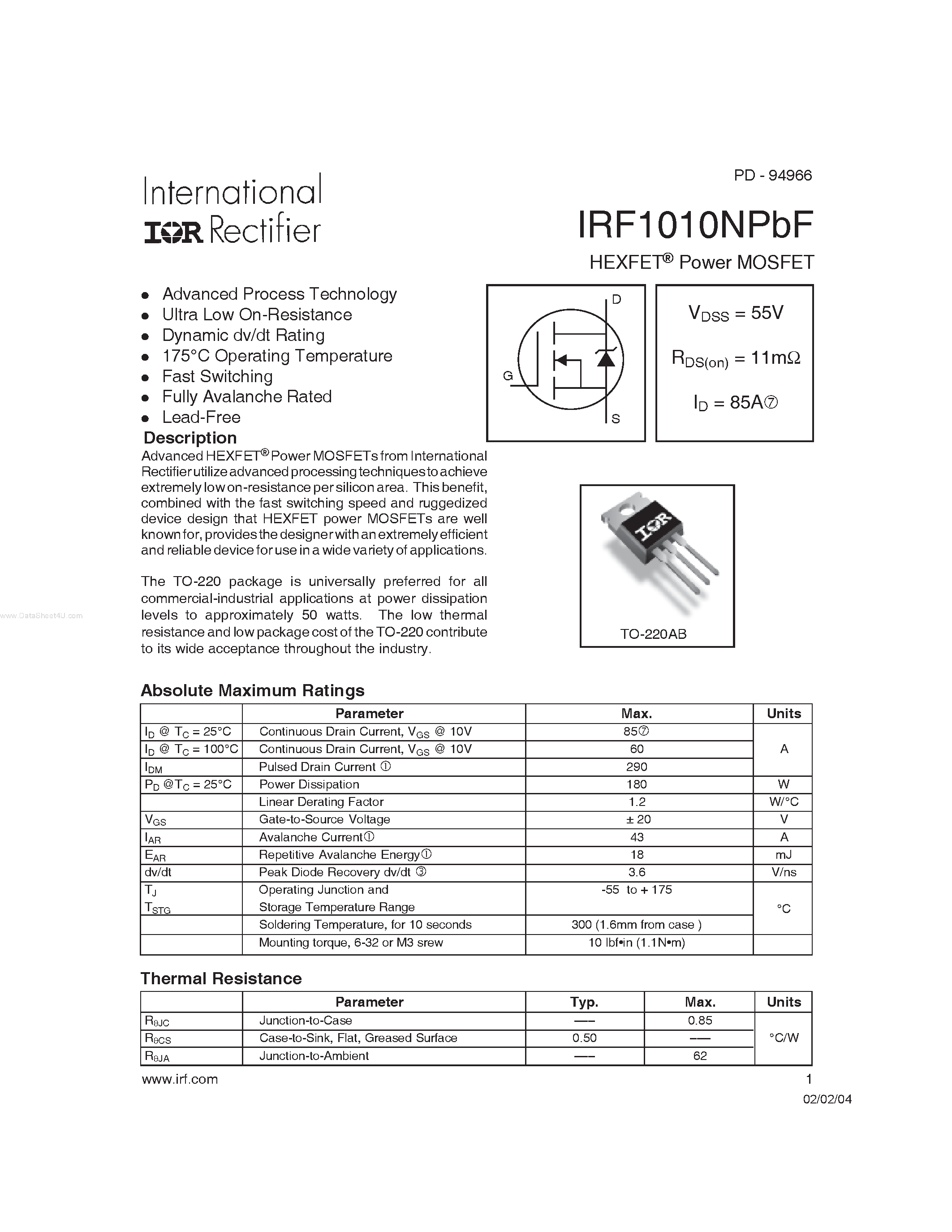 Datasheet IRF1010NPBF - HEXFET Power MOSFET page 1