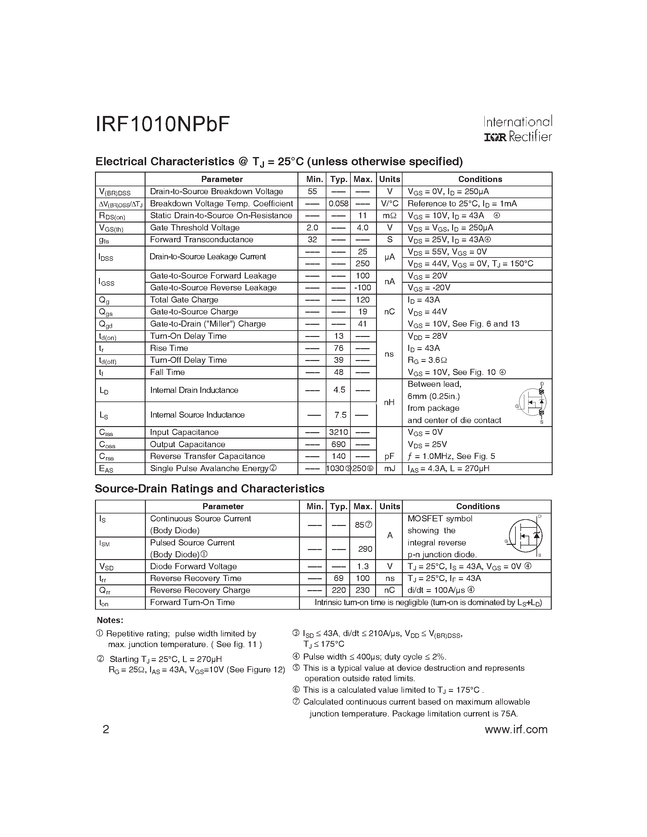 Datasheet IRF1010NPBF - HEXFET Power MOSFET page 2
