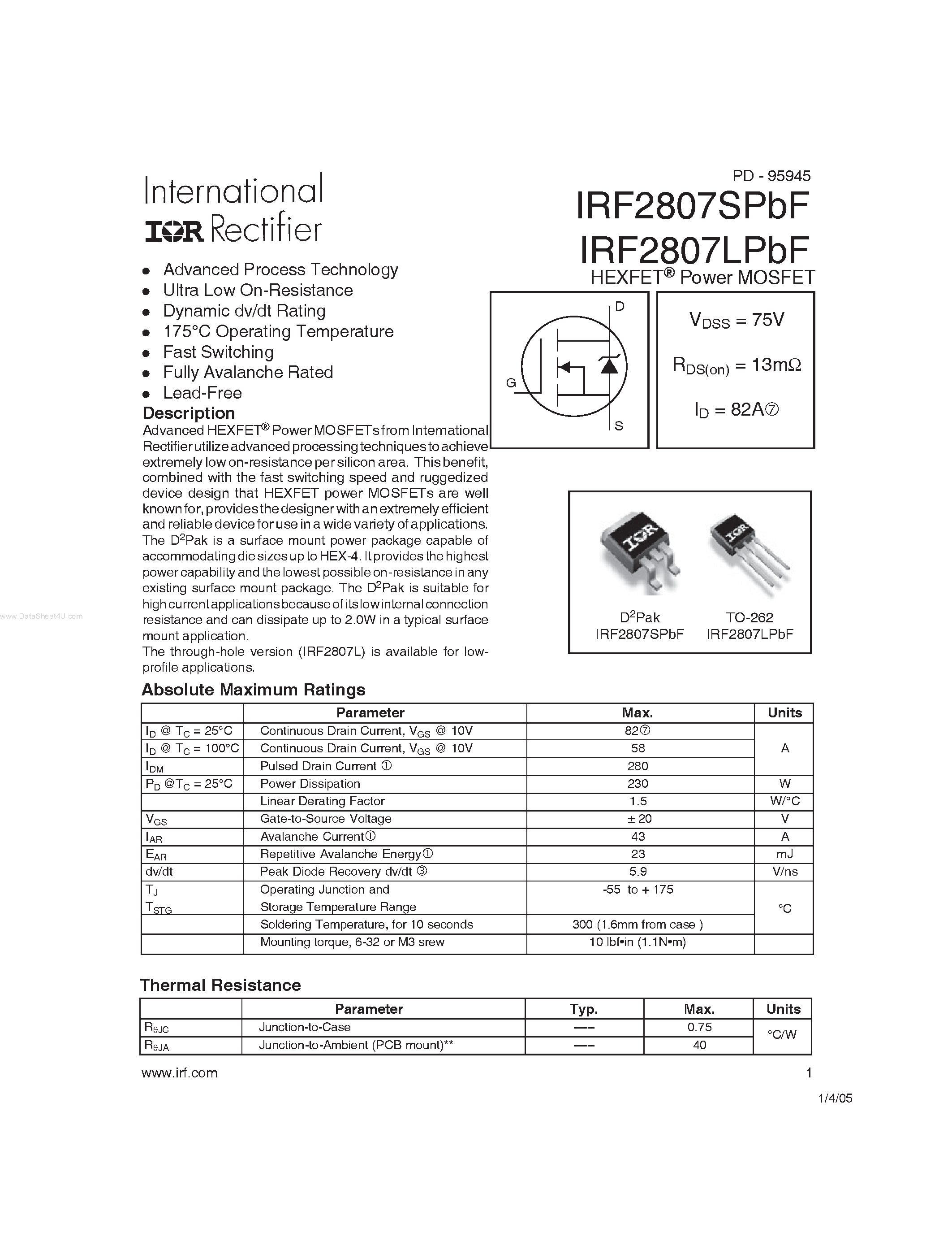 Datasheet IRF2807LPbF - HEXFET Power MOSFET page 1