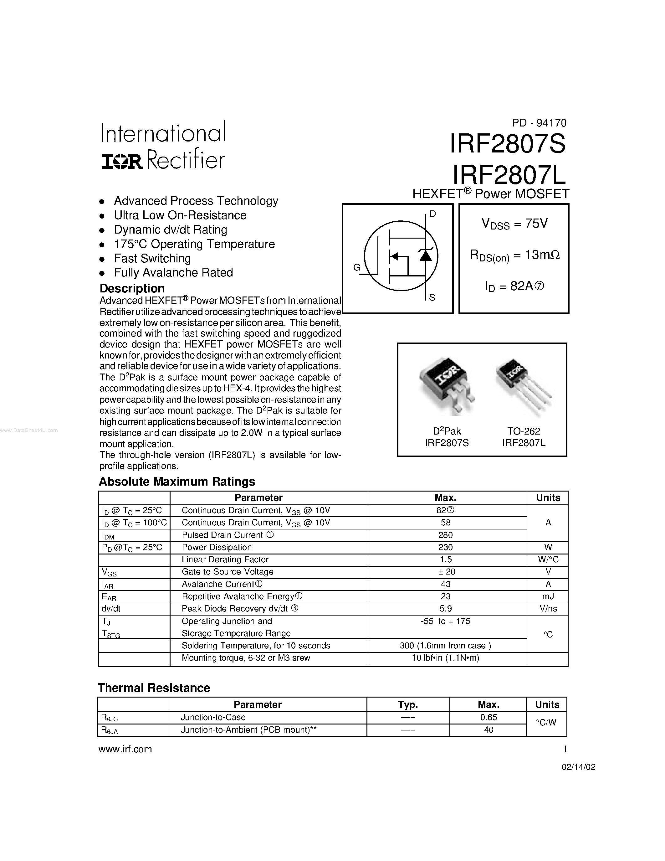 Datasheet IRF2807L - HEXFET Power MOSFET page 1