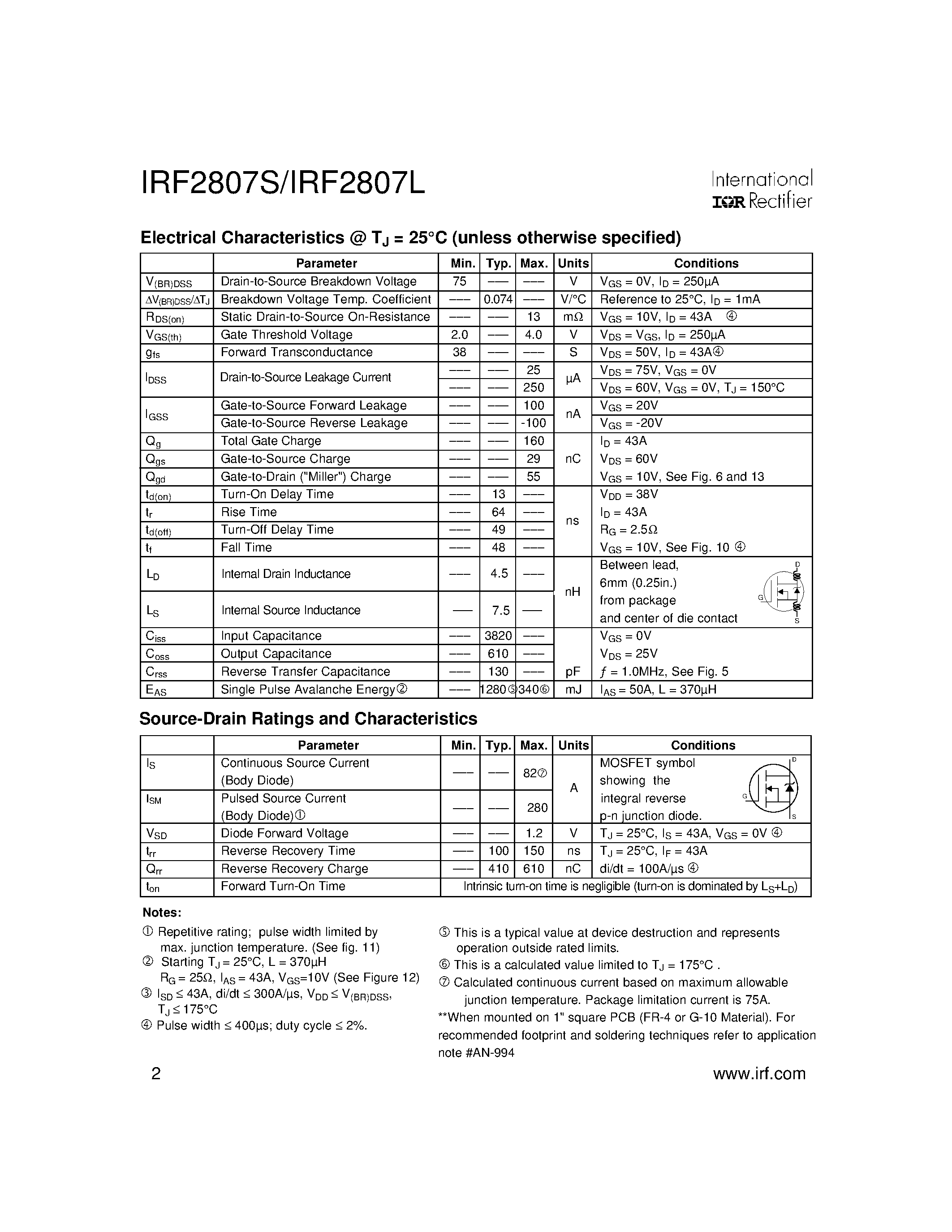Datasheet IRF2807L - HEXFET Power MOSFET page 2
