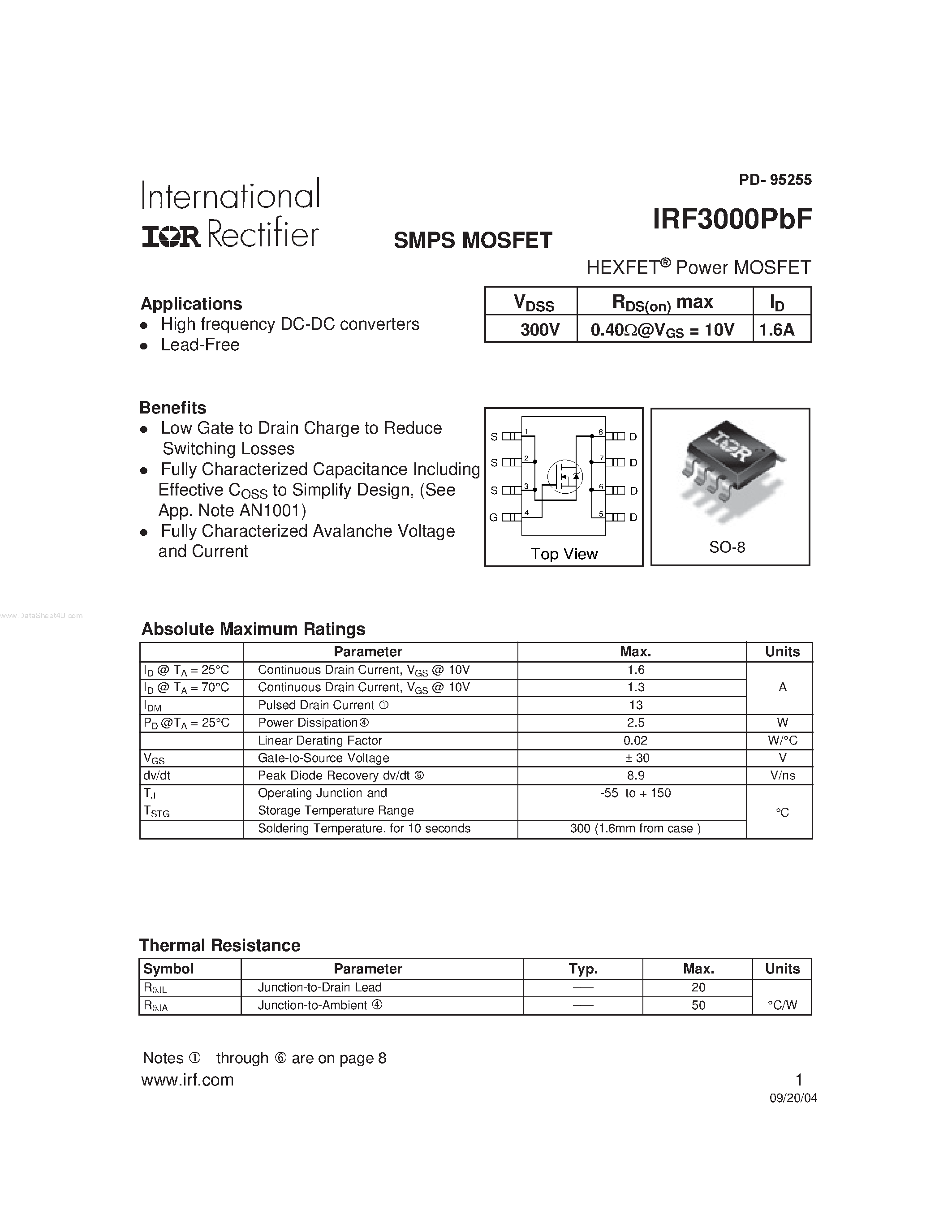 Datasheet IRF3000PBF - HEXFET Power MOSFET page 1