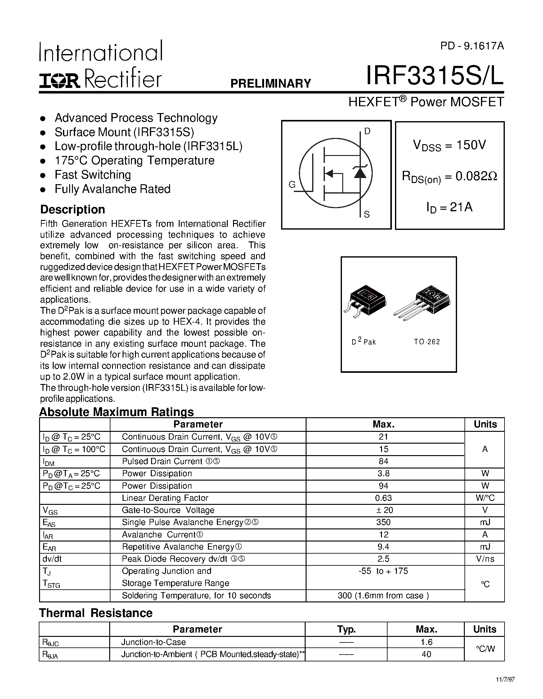 Datasheet IRF3315L - Power MOSFET(Vdss=150V/ Rds(on)=0.082ohm/ Id=21A) page 1