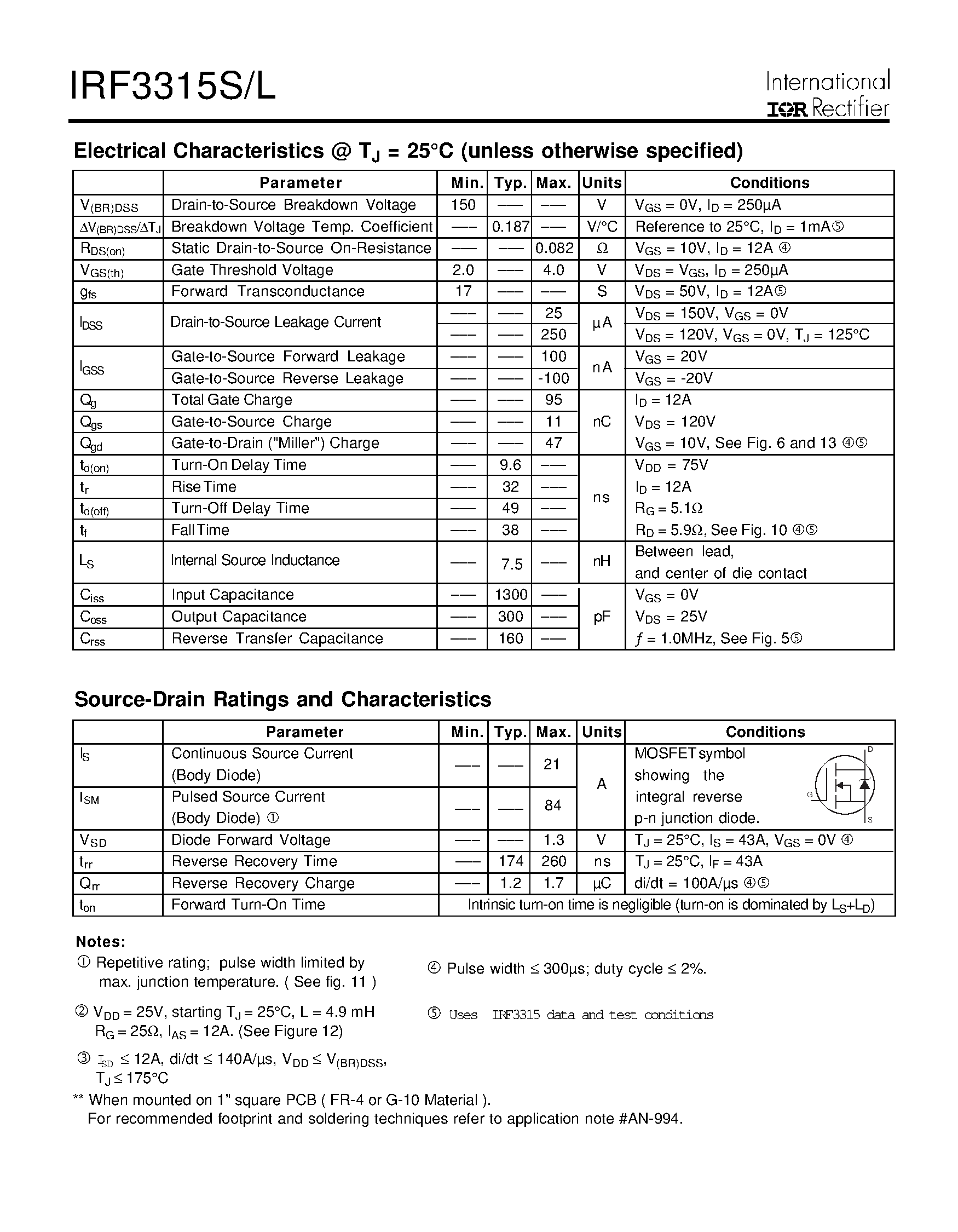 Datasheet IRF3315L - Power MOSFET(Vdss=150V/ Rds(on)=0.082ohm/ Id=21A) page 2