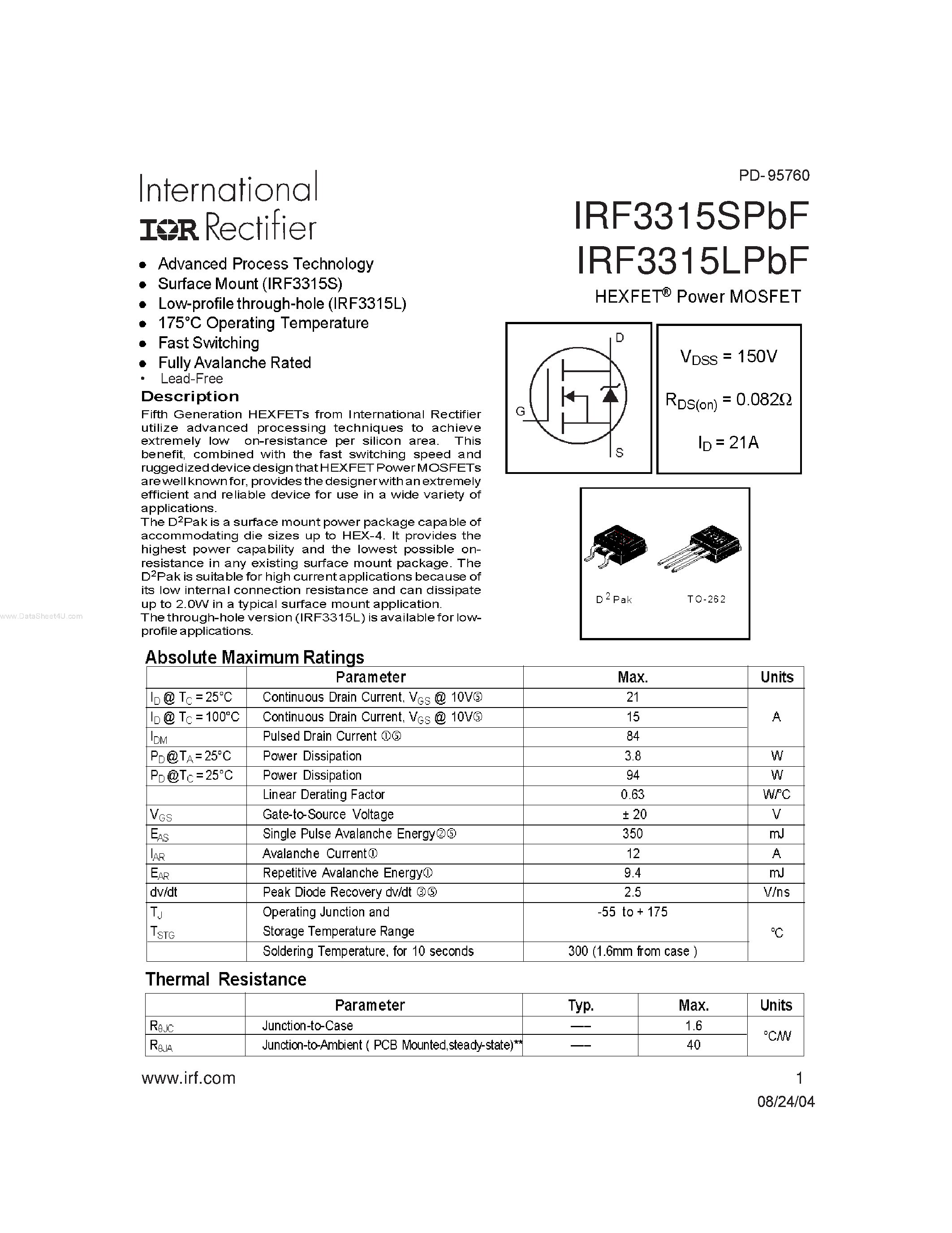 Datasheet IRF3315LPbF - HEXFET Power MOSFET page 1