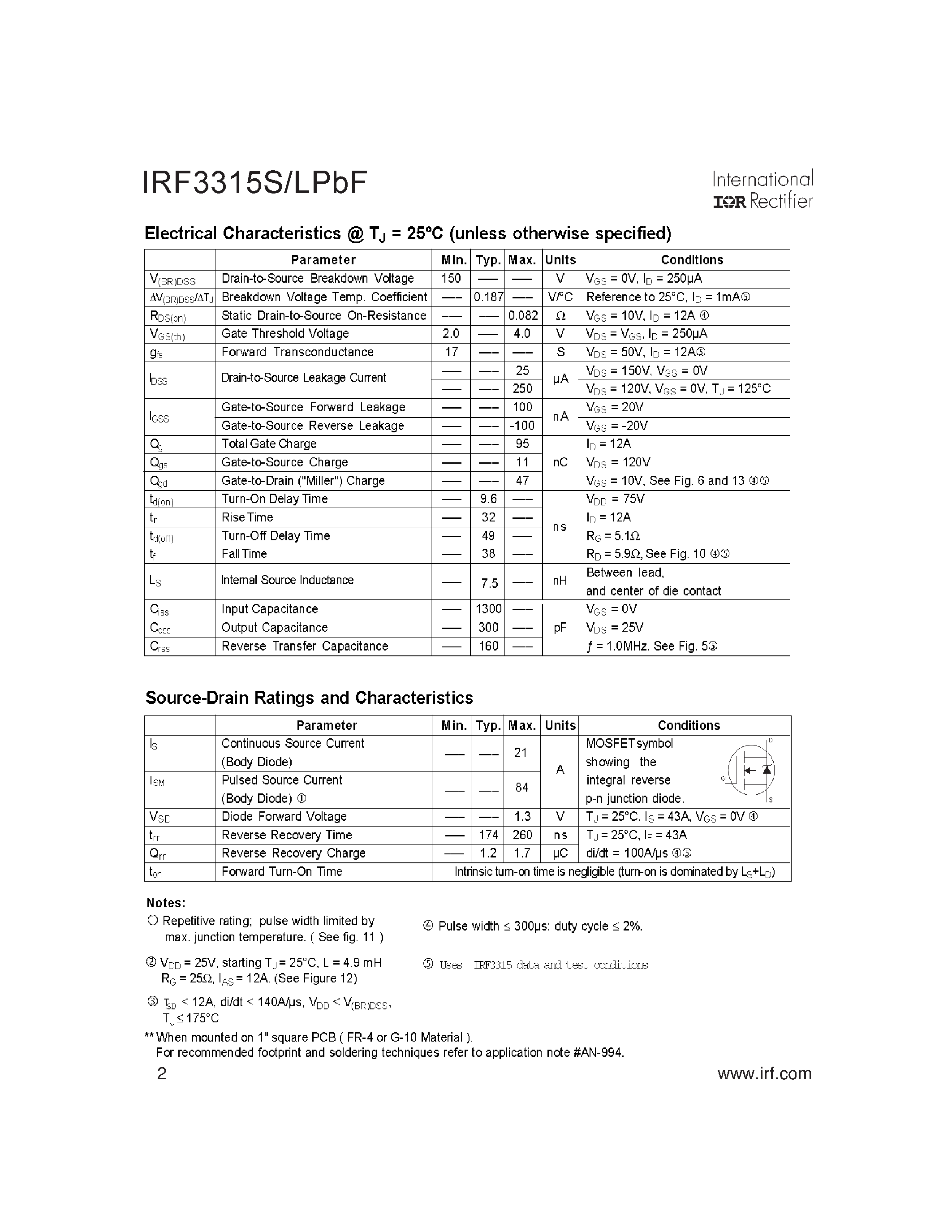 Datasheet IRF3315LPbF - HEXFET Power MOSFET page 2
