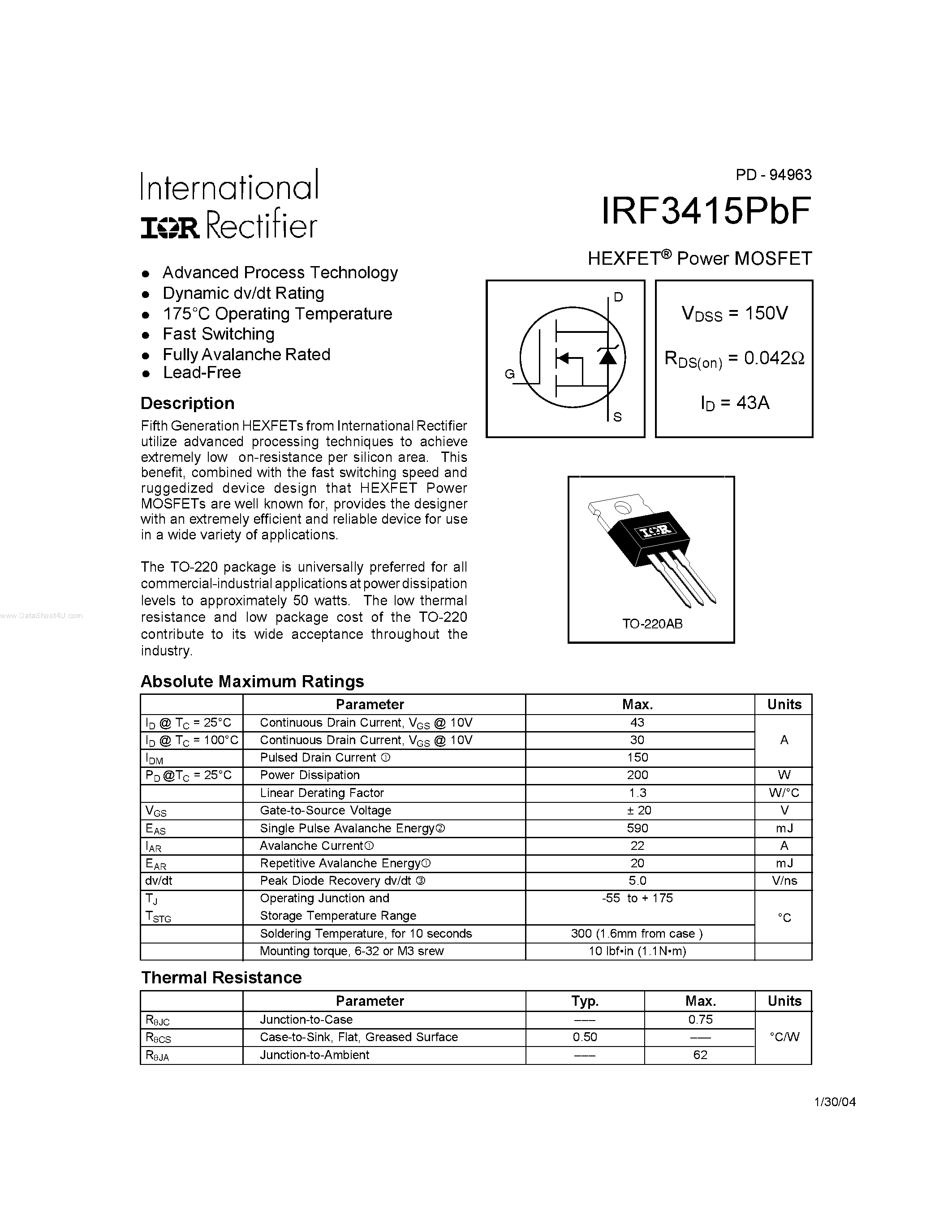 Datasheet IRF3415PBF - HEXFET Power MOSFET page 1