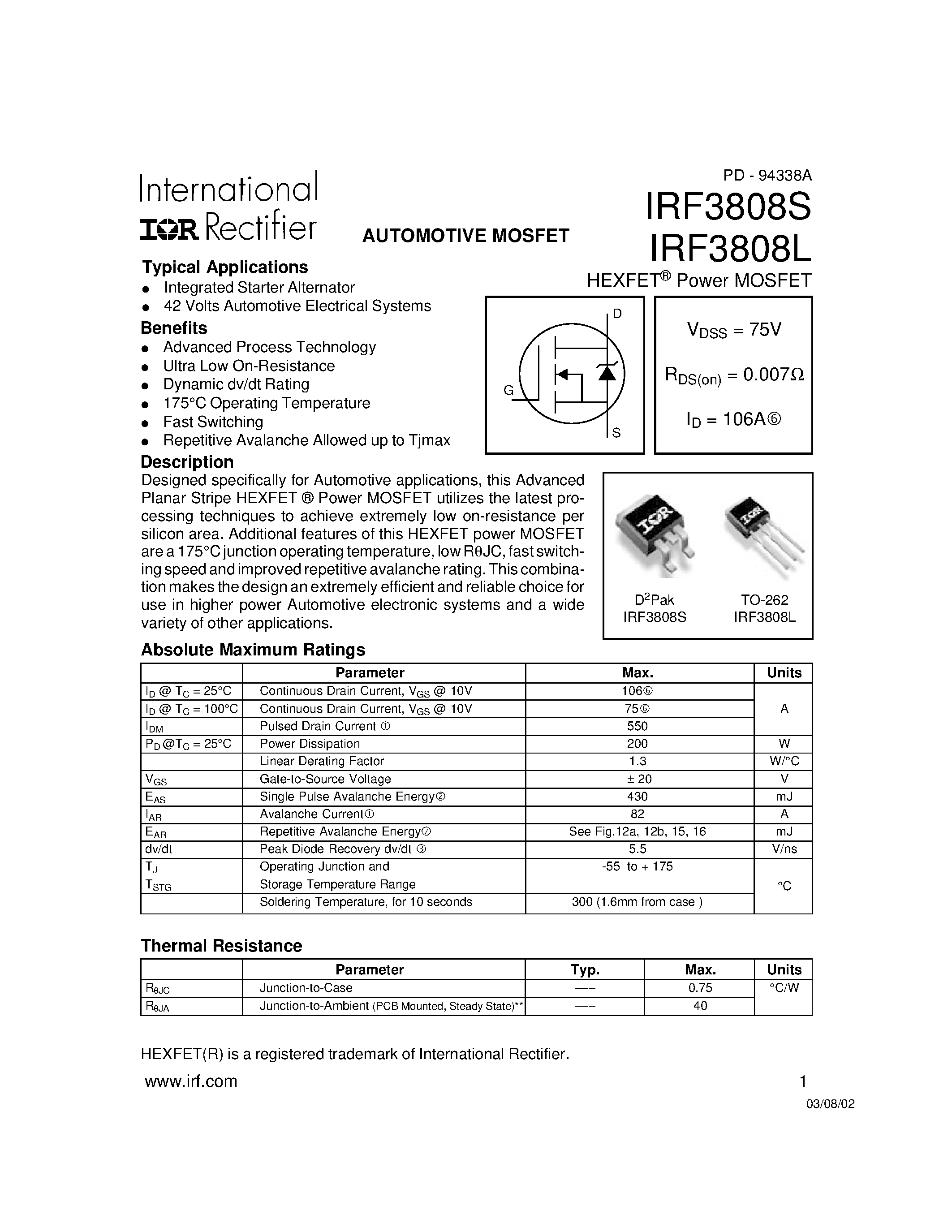Datasheet IRF3808L - Power MOSFET(Vdss=75V/ Rds(on)=0.007ohm/ Id=106A) page 1