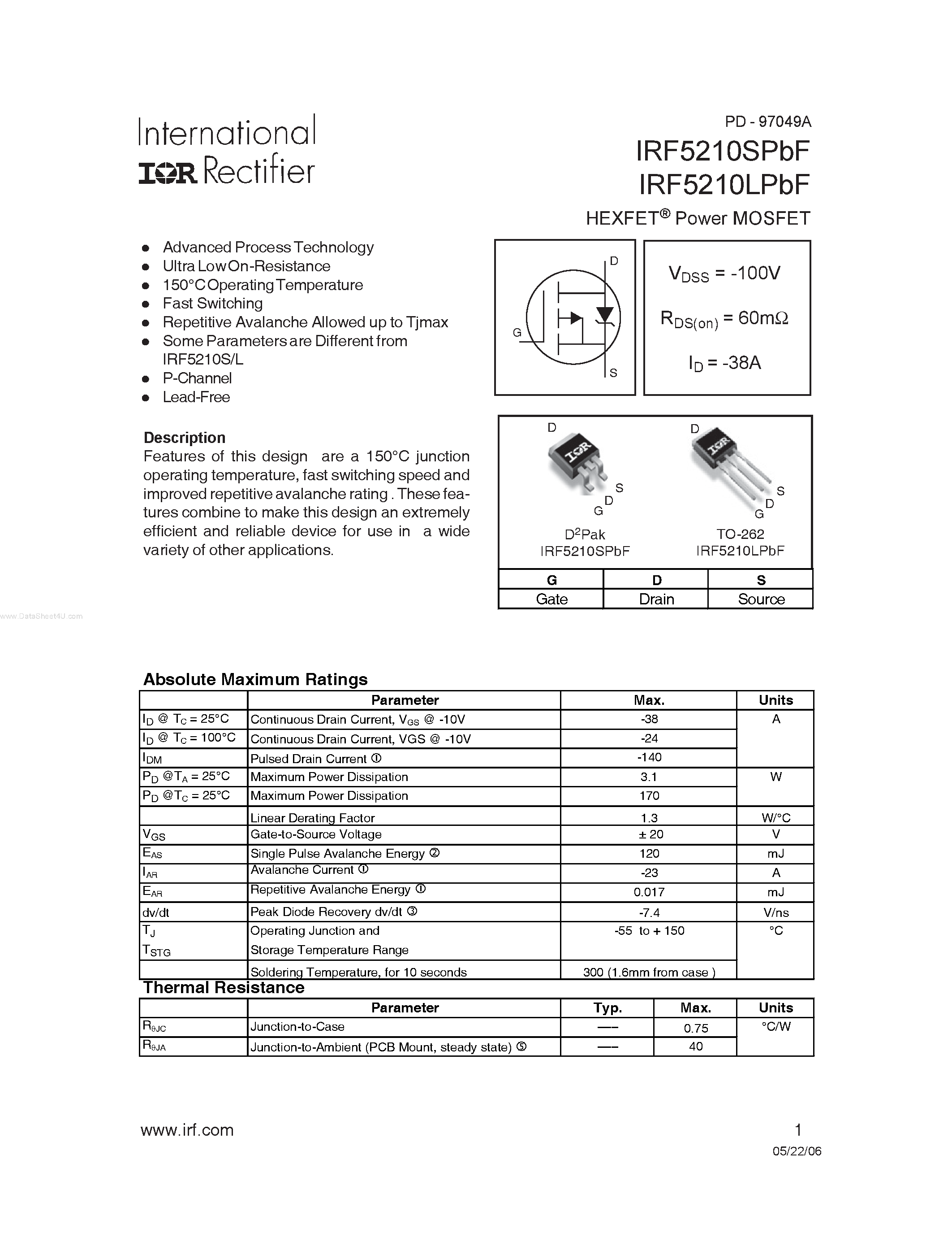 Datasheet IRF5210LPBF page 1 Datasheet IRF5210LPBF - HEXFET Power MOSFET page 1