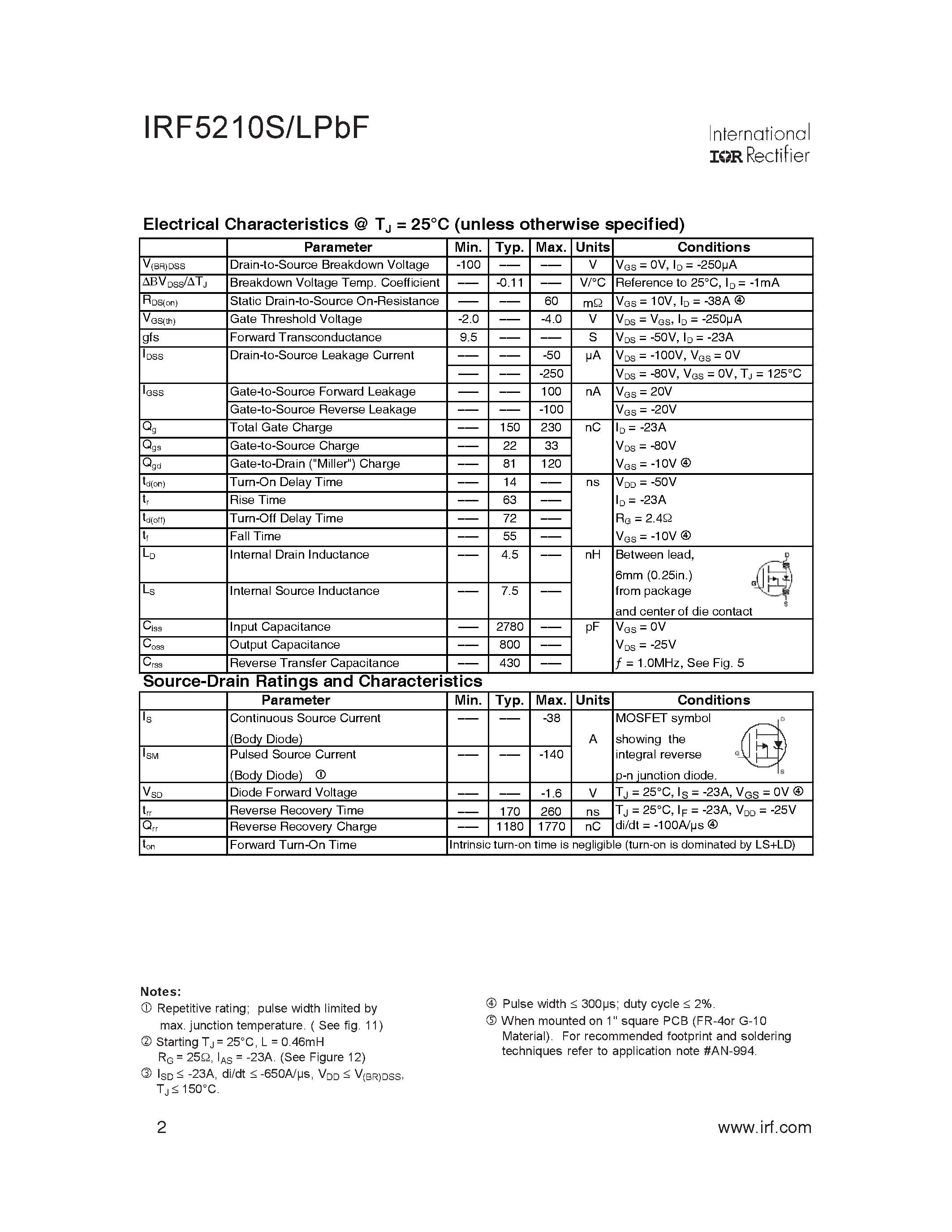 Datasheet IRF5210LPBF page 2 Datasheet IRF5210LPBF - HEXFET Power MOSFET page 2