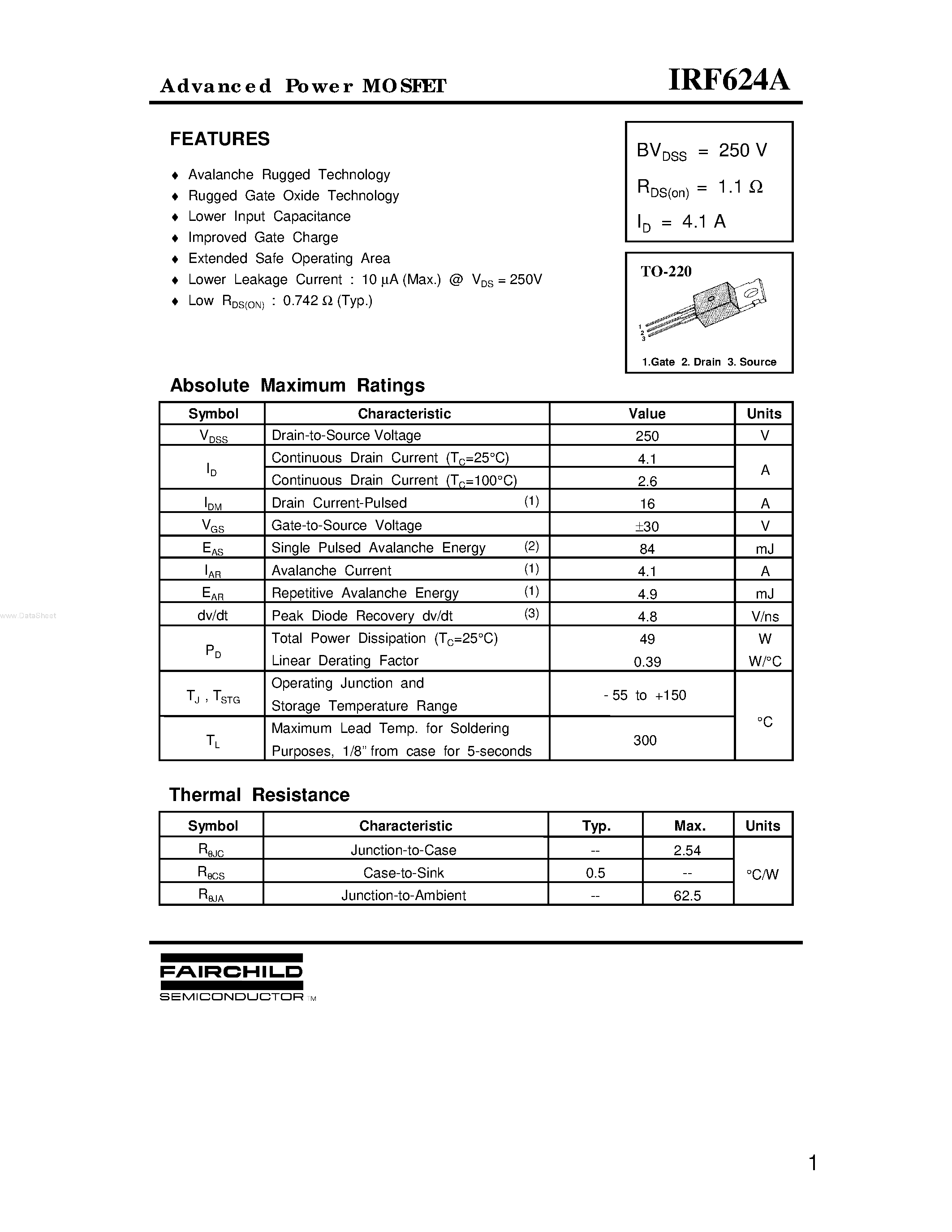 Datasheet IRF624A - Advanced Power MOSFET page 1