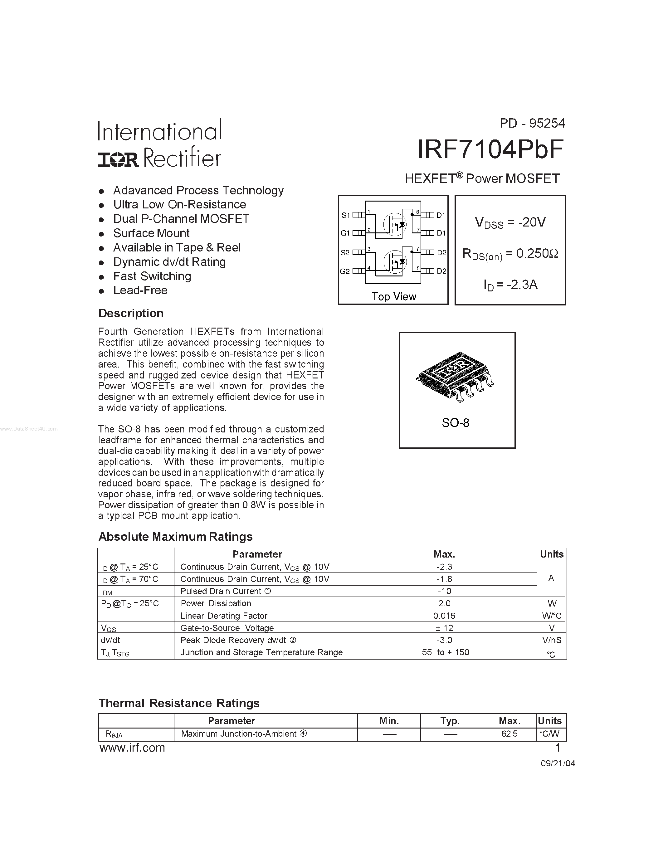 Datasheet IRF7104PBF - HEXFET Power MOSFET page 1
